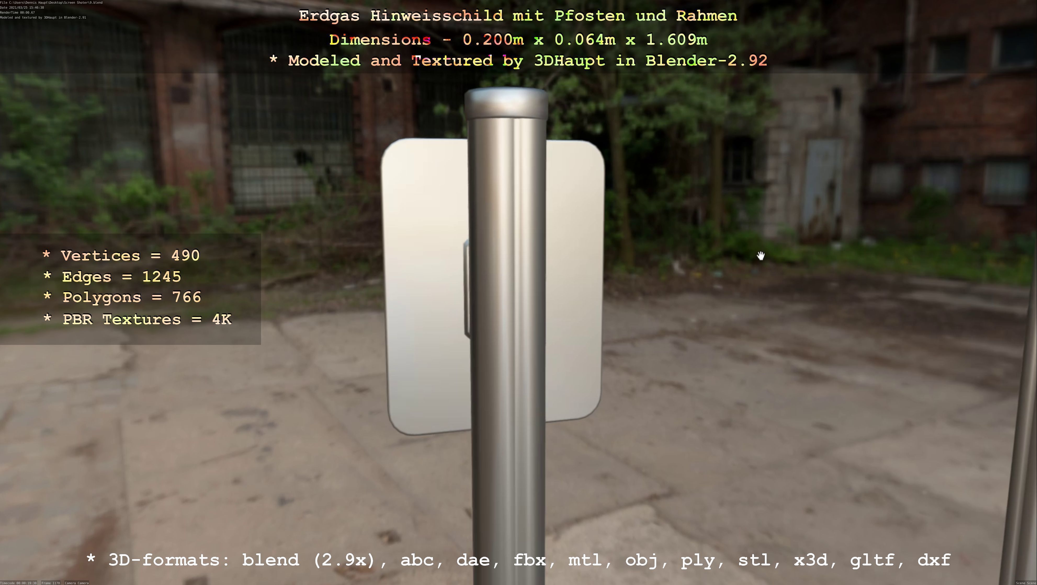 Hinweisschild Erdgas mit Pfosten und Rahmen Low-poly 3D model_56