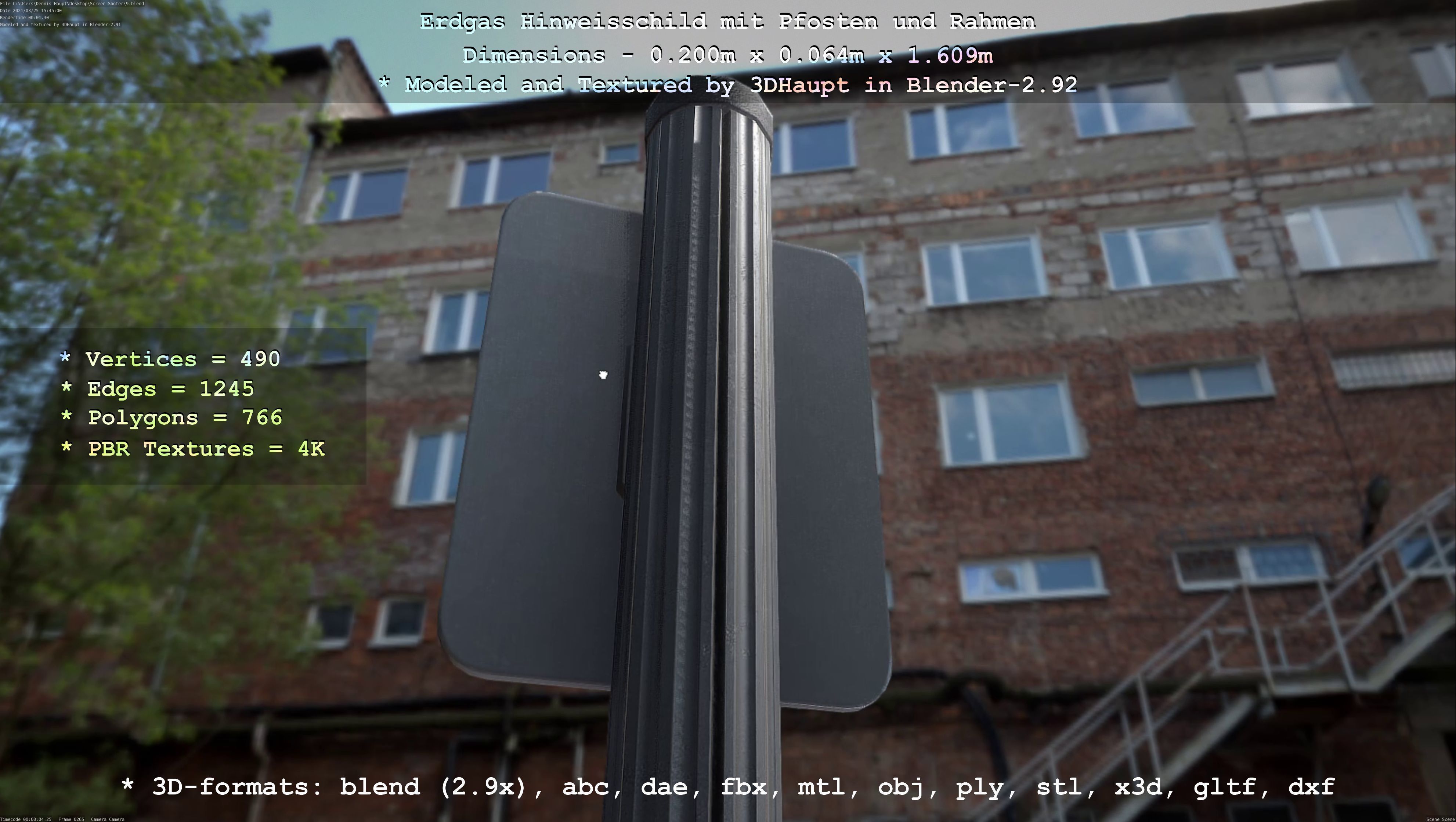 Hinweisschild Erdgas mit Pfosten und Rahmen Low-poly 3D model_19