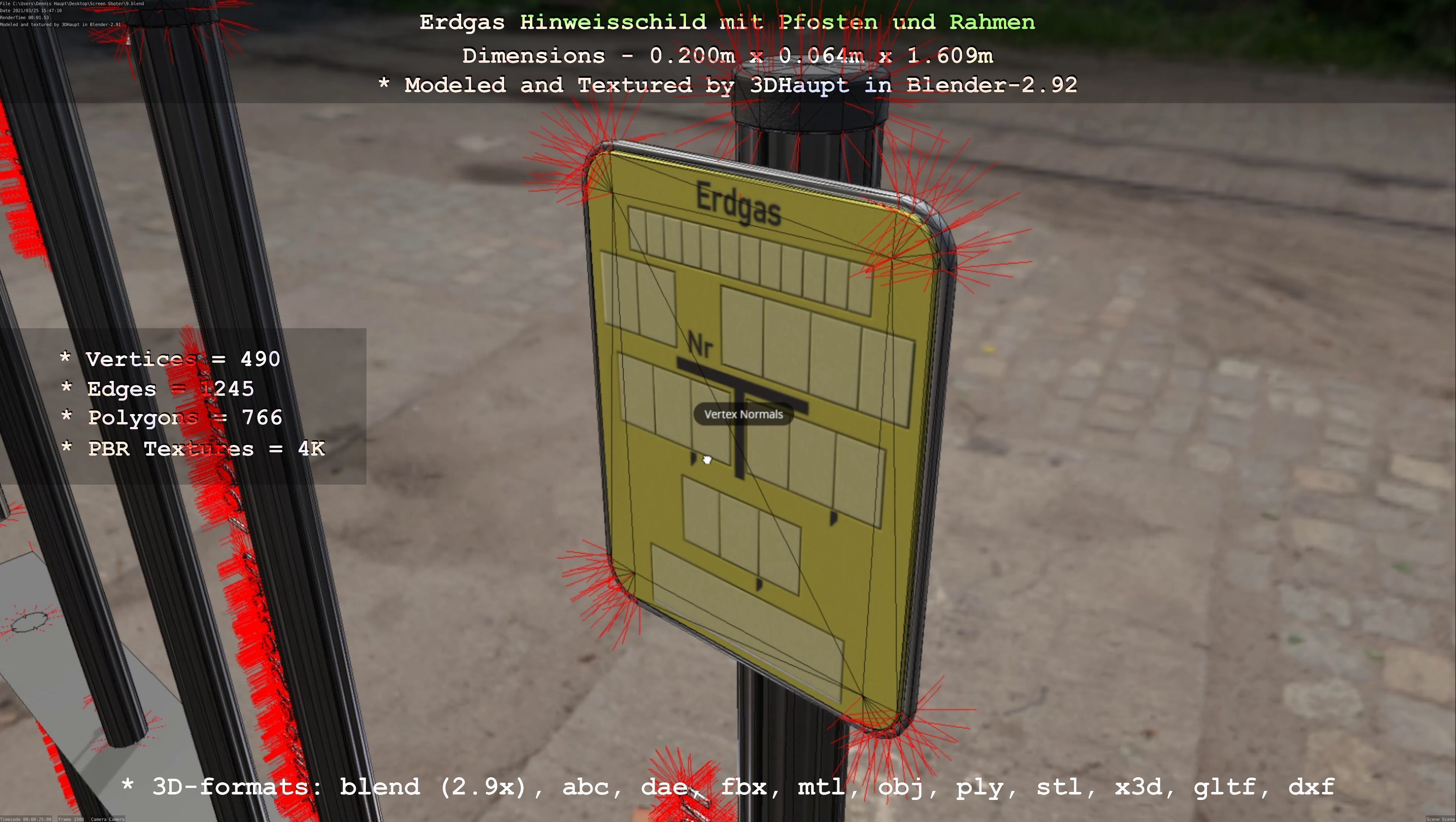 Hinweisschild Erdgas mit Pfosten und Rahmen Low-poly 3D model_62