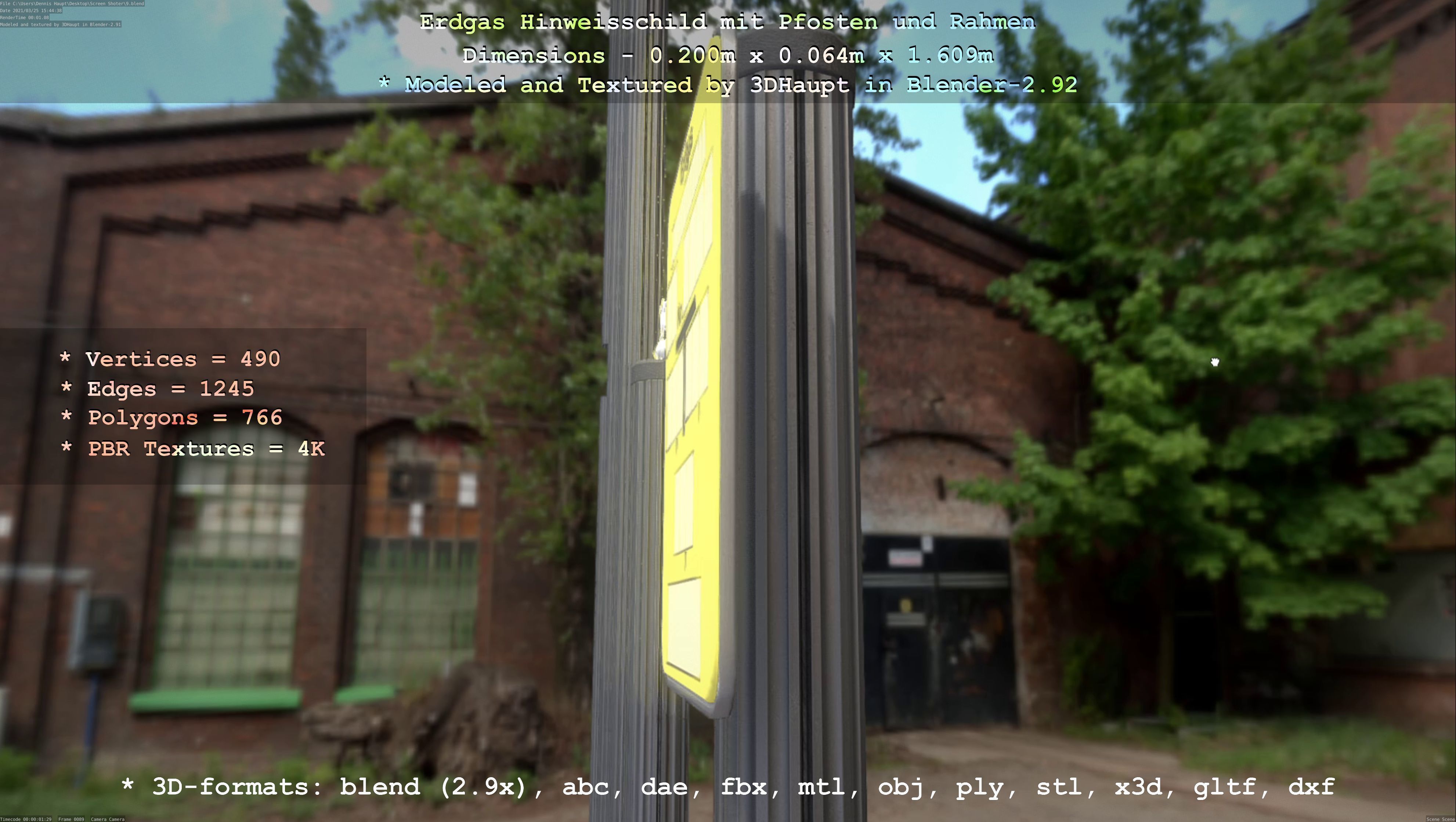 Hinweisschild Erdgas mit Pfosten und Rahmen Low-poly 3D model_15