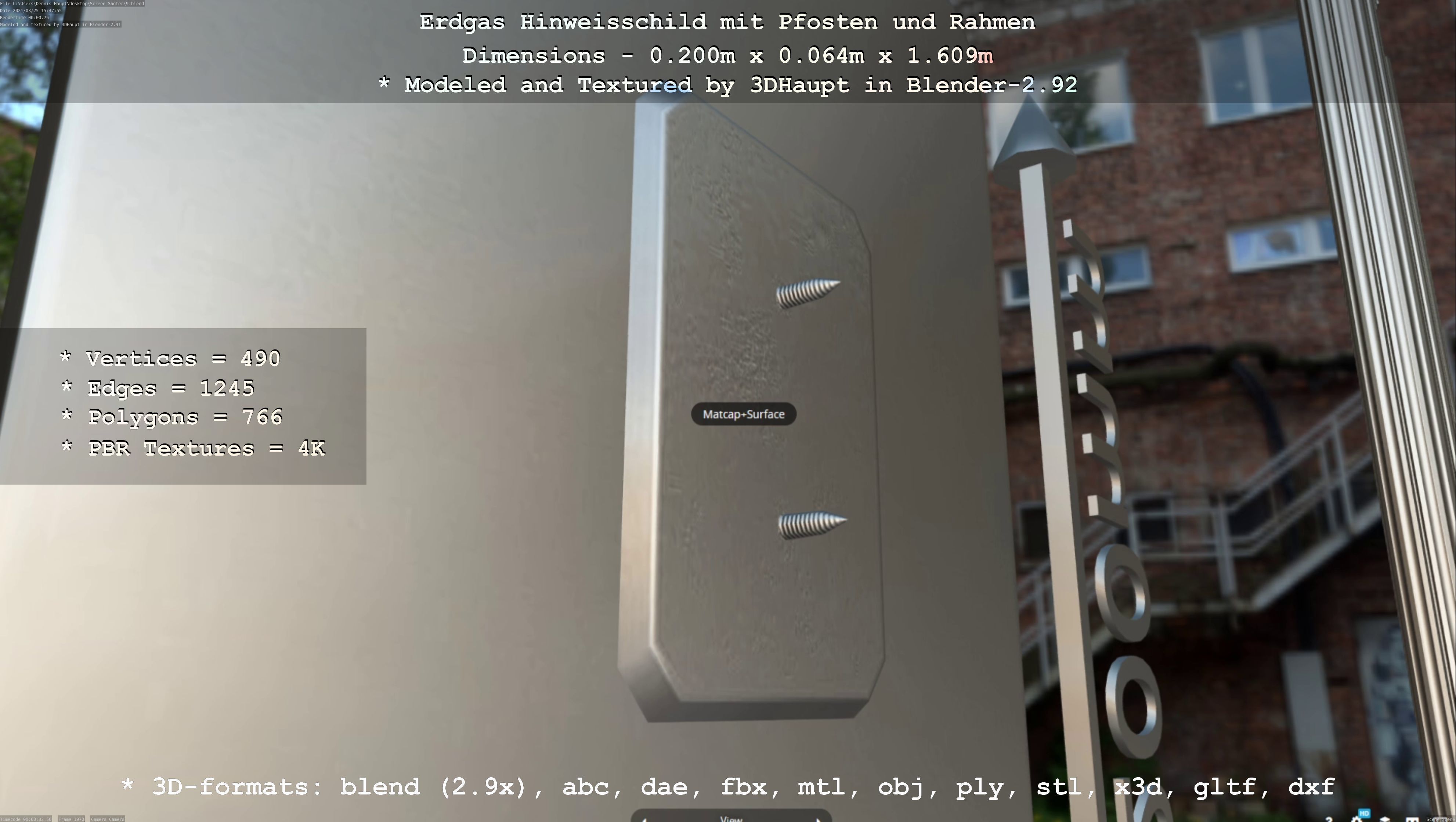 Hinweisschild Erdgas mit Pfosten und Rahmen Low-poly 3D model_38