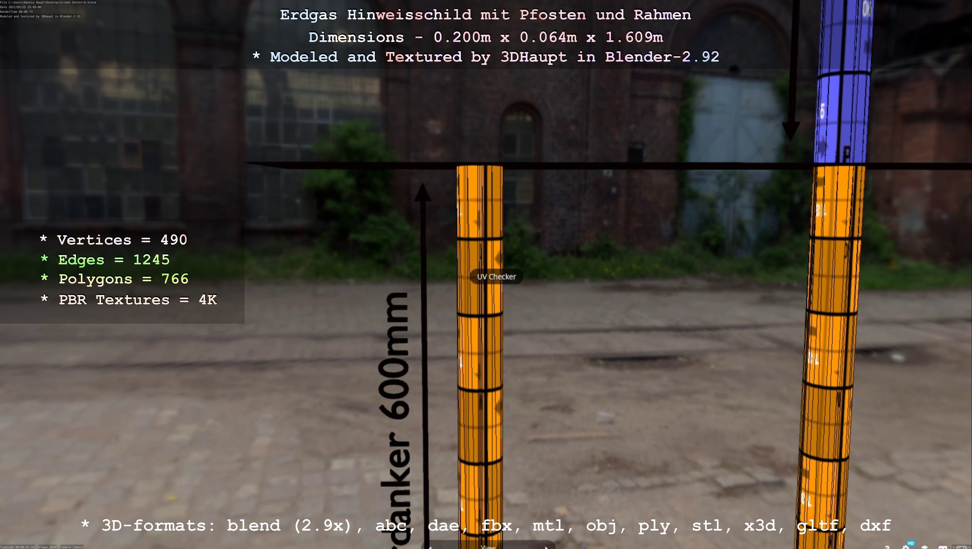 Hinweisschild Erdgas mit Pfosten und Rahmen Low-poly 3D model_66