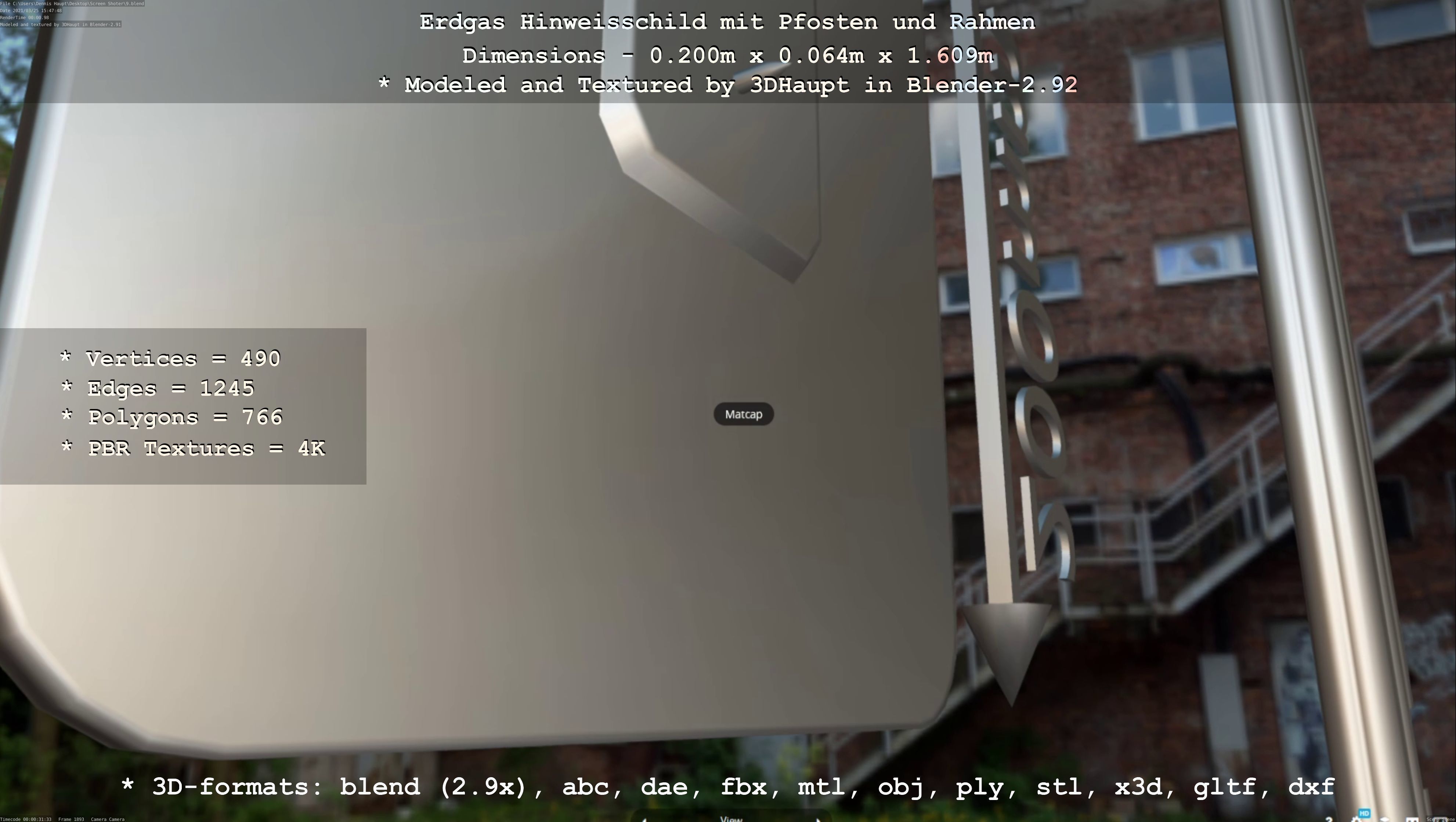 Hinweisschild Erdgas mit Pfosten und Rahmen Low-poly 3D model_42