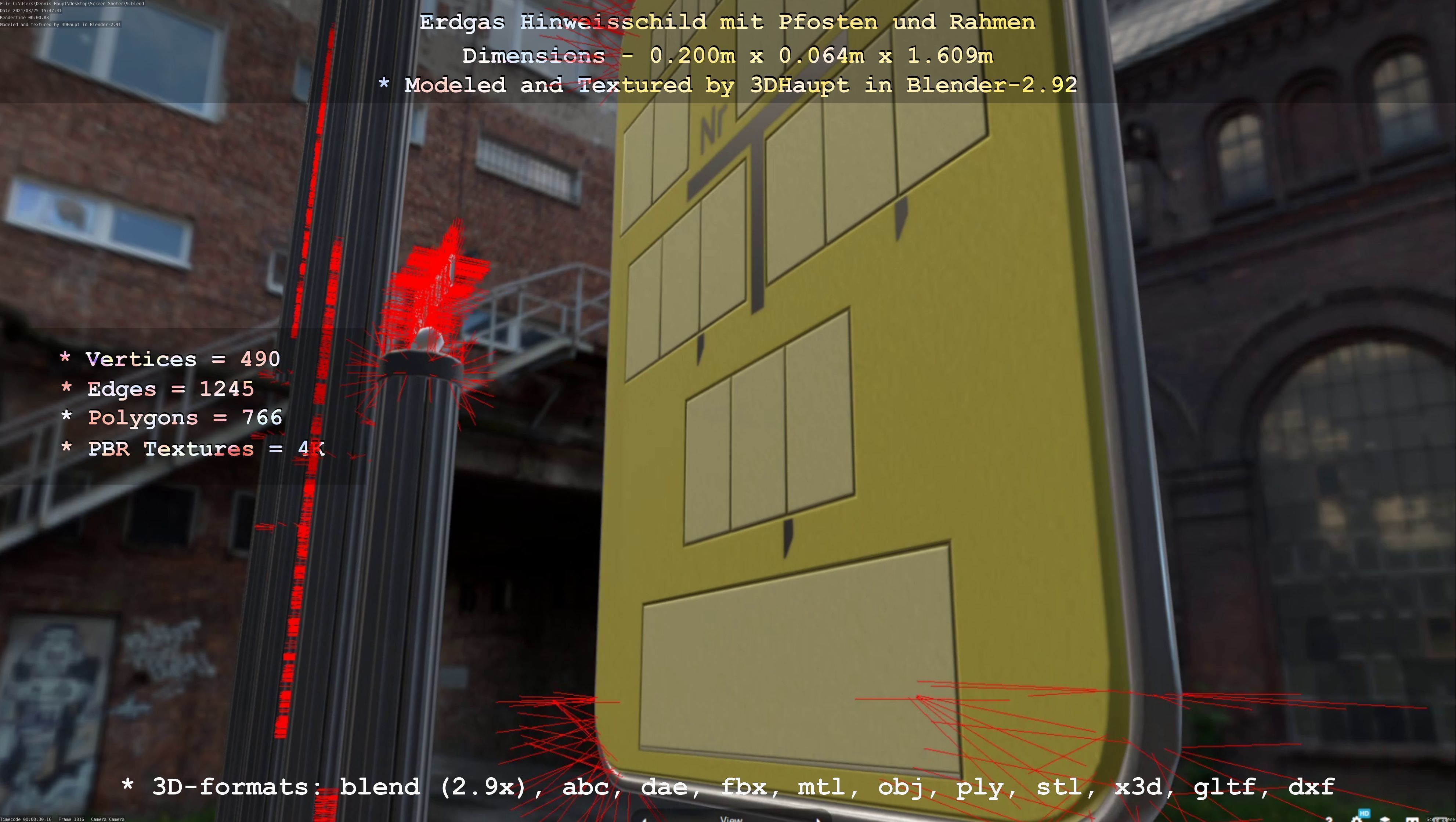 Hinweisschild Erdgas mit Pfosten und Rahmen Low-poly 3D model_78