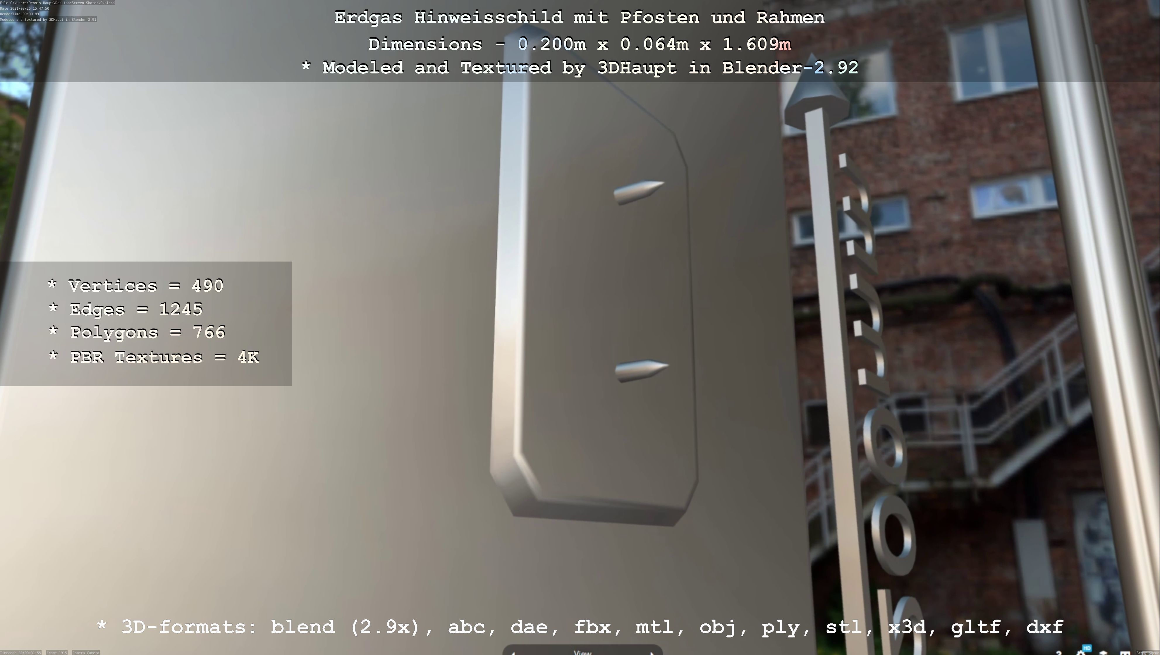 Hinweisschild Erdgas mit Pfosten und Rahmen Low-poly 3D model_43