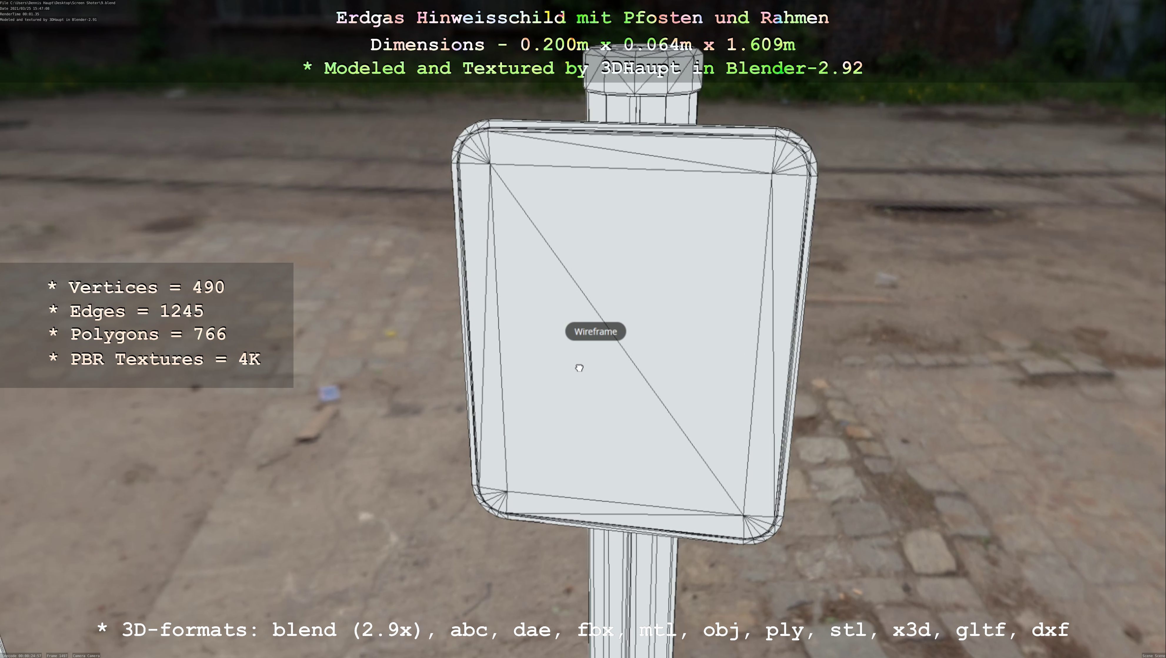 Hinweisschild Erdgas mit Pfosten und Rahmen Low-poly 3D model_59