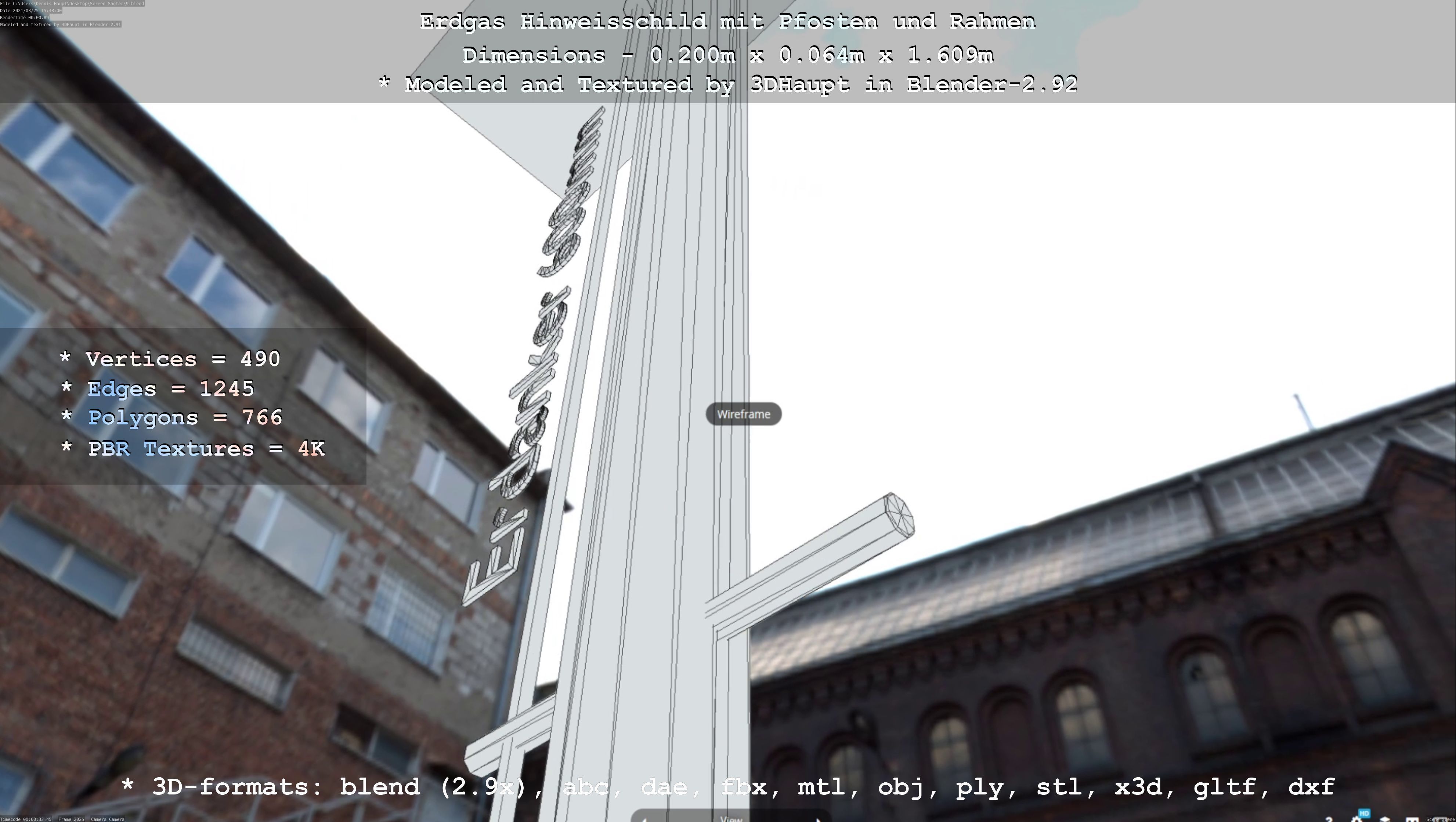 Hinweisschild Erdgas mit Pfosten und Rahmen Low-poly 3D model_39