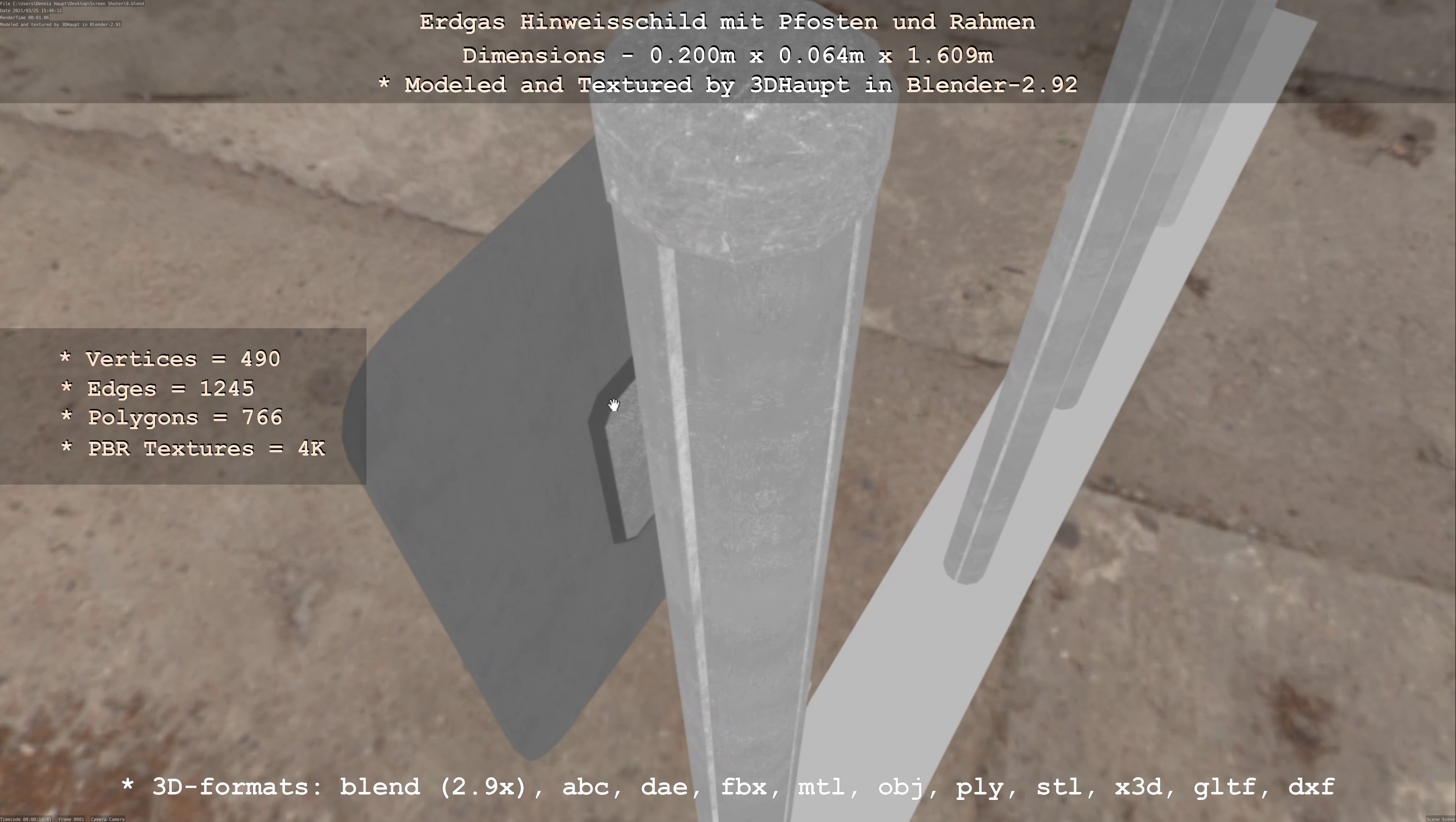 Hinweisschild Erdgas mit Pfosten und Rahmen Low-poly 3D model_72