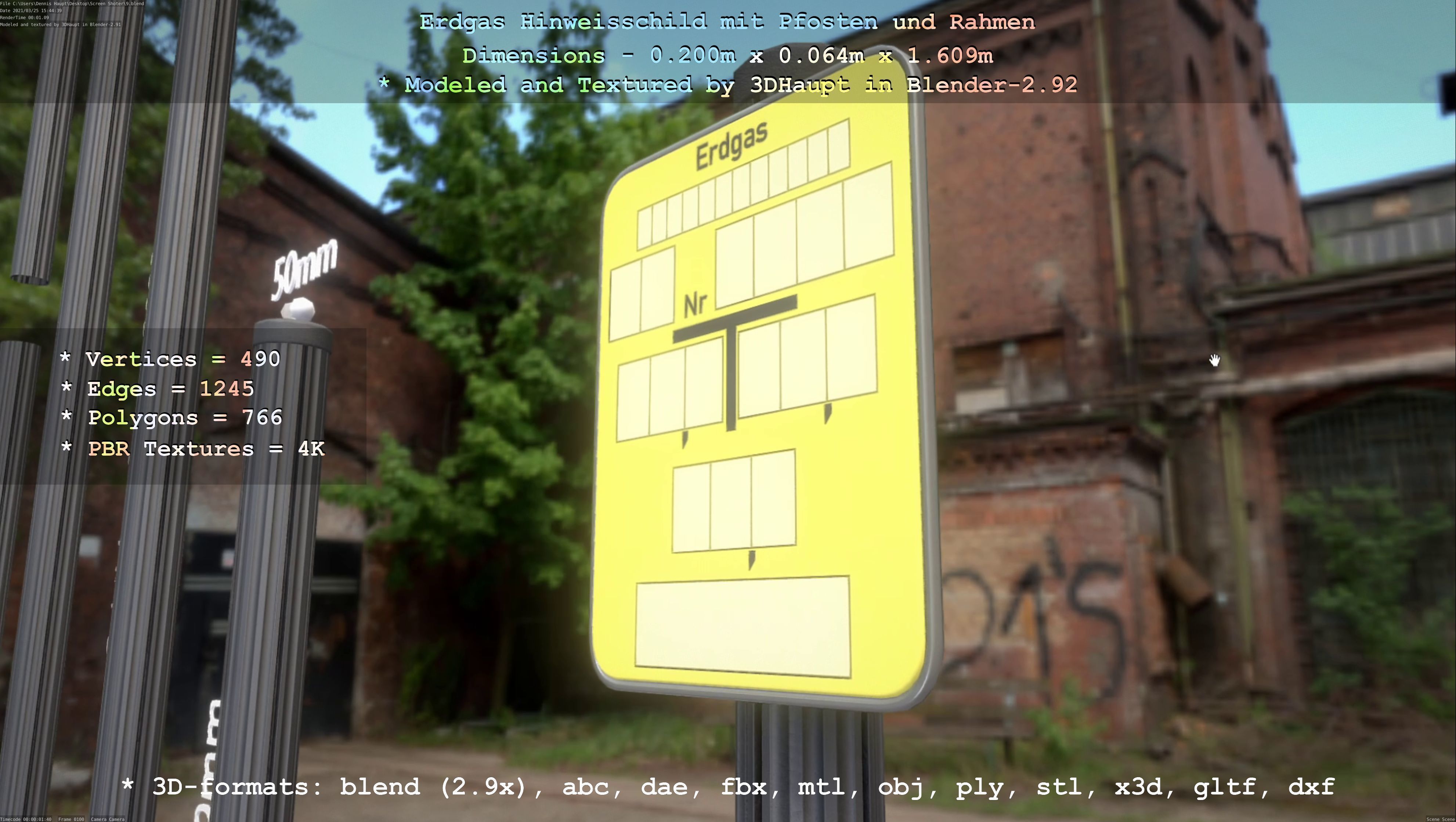 Hinweisschild Erdgas mit Pfosten und Rahmen Low-poly 3D model_16