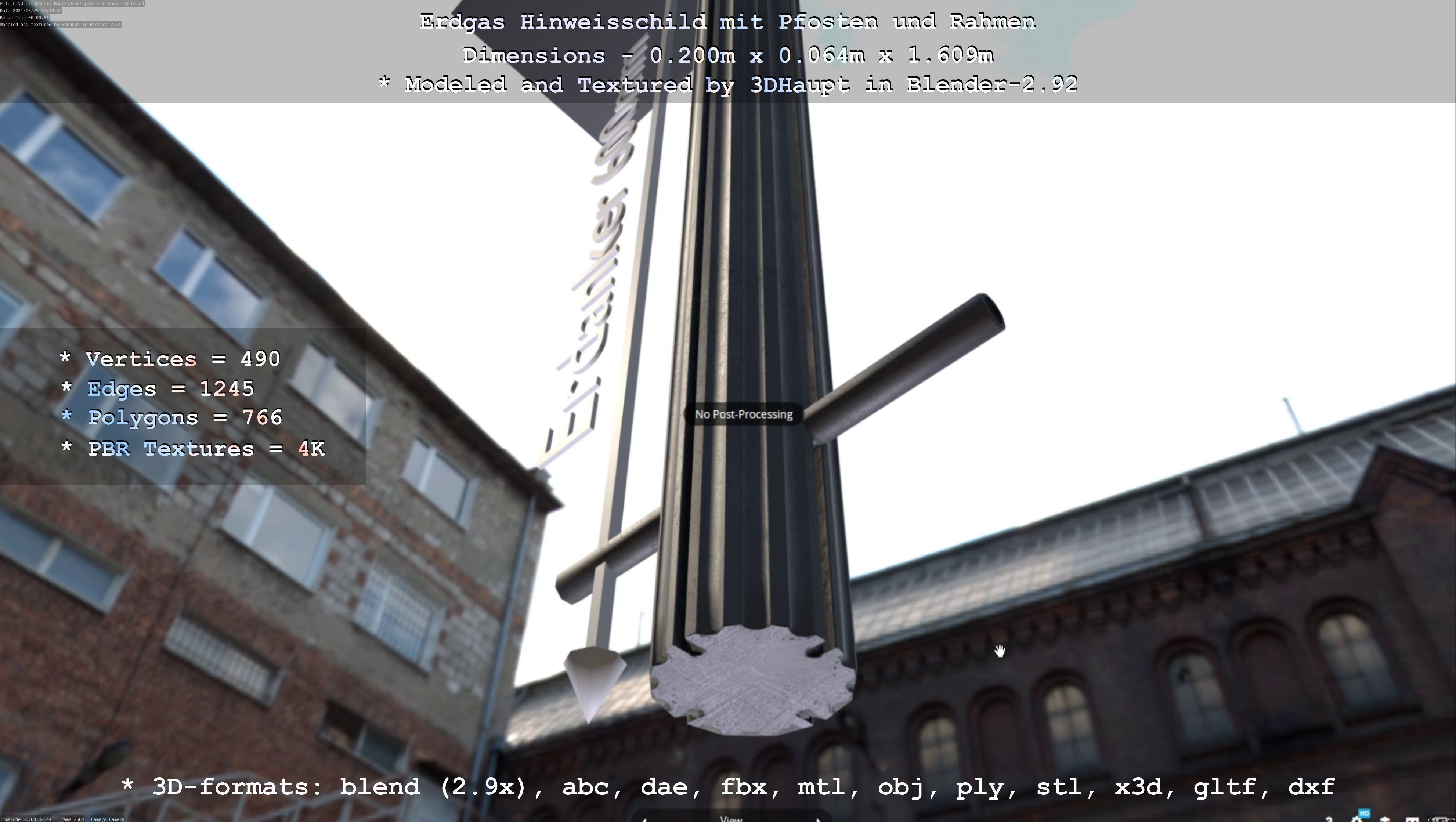 Hinweisschild Erdgas mit Pfosten und Rahmen Low-poly 3D model_7