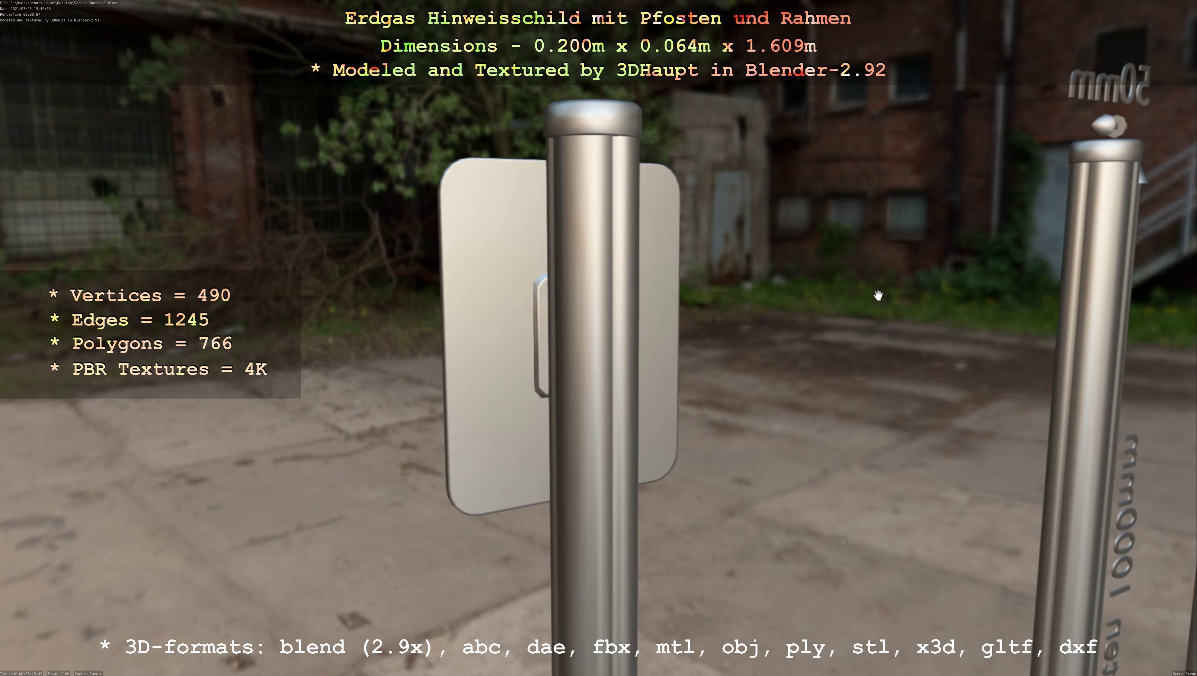 Hinweisschild Erdgas mit Pfosten und Rahmen Low-poly 3D model_83