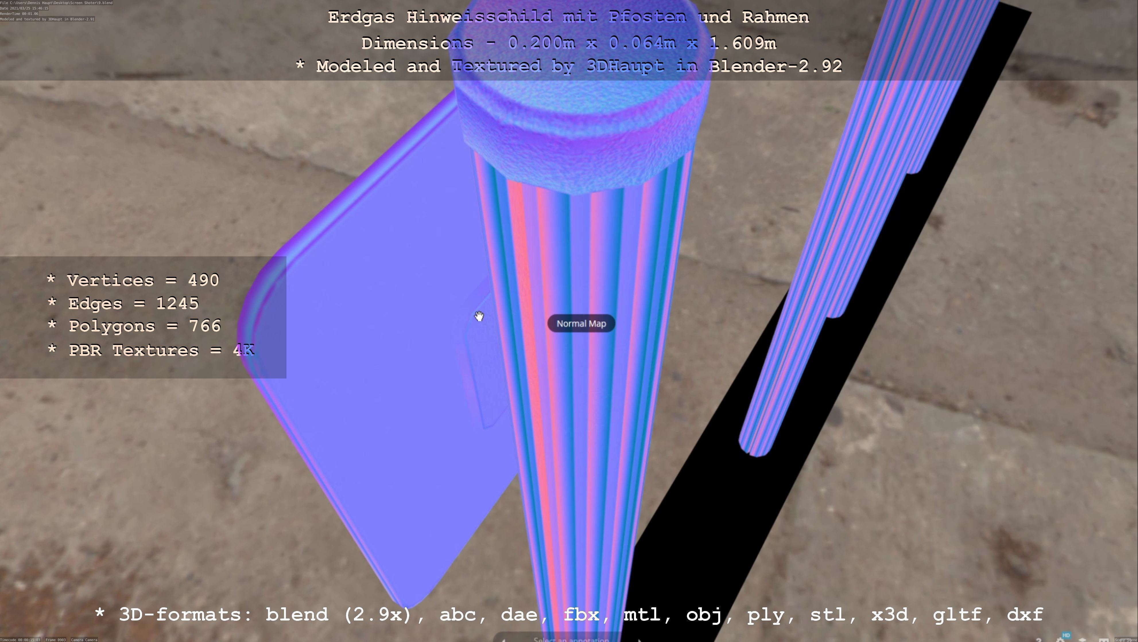 Hinweisschild Erdgas mit Pfosten und Rahmen Low-poly 3D model_84