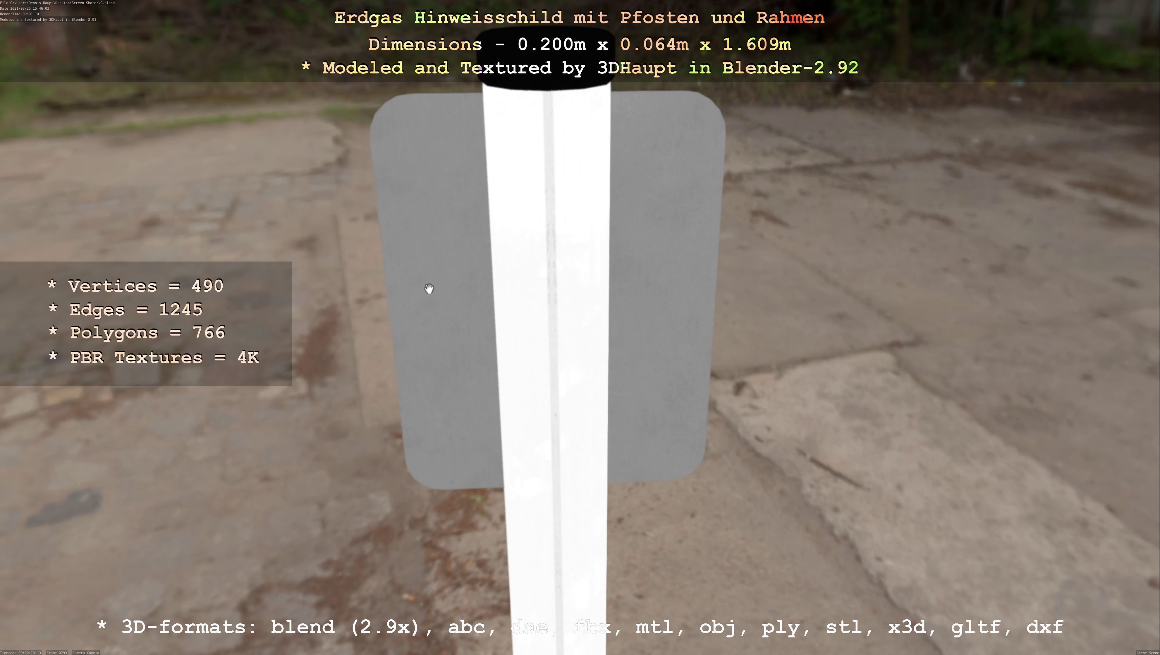 Hinweisschild Erdgas mit Pfosten und Rahmen Low-poly 3D model_101