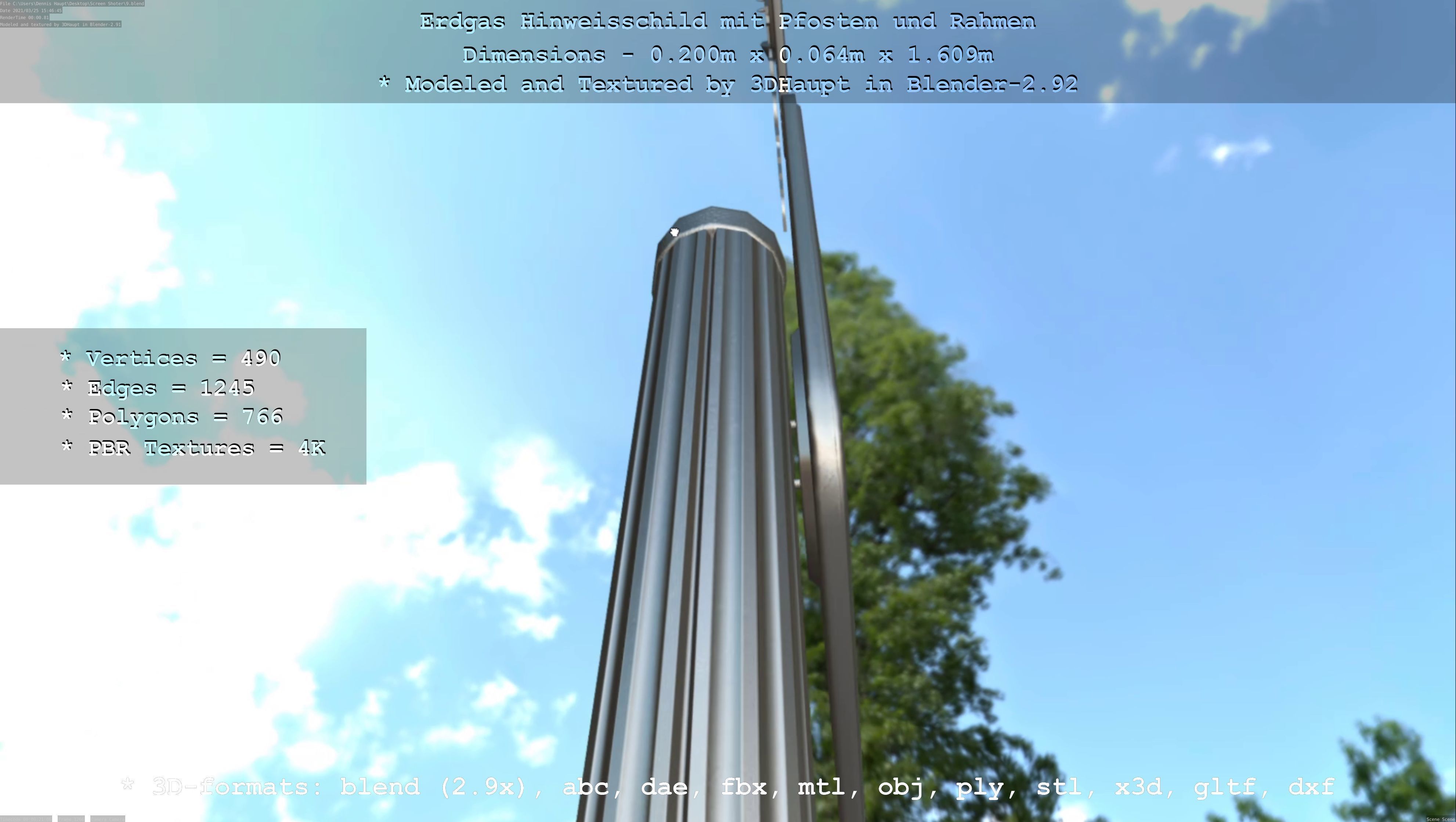 Hinweisschild Erdgas mit Pfosten und Rahmen Low-poly 3D model_58