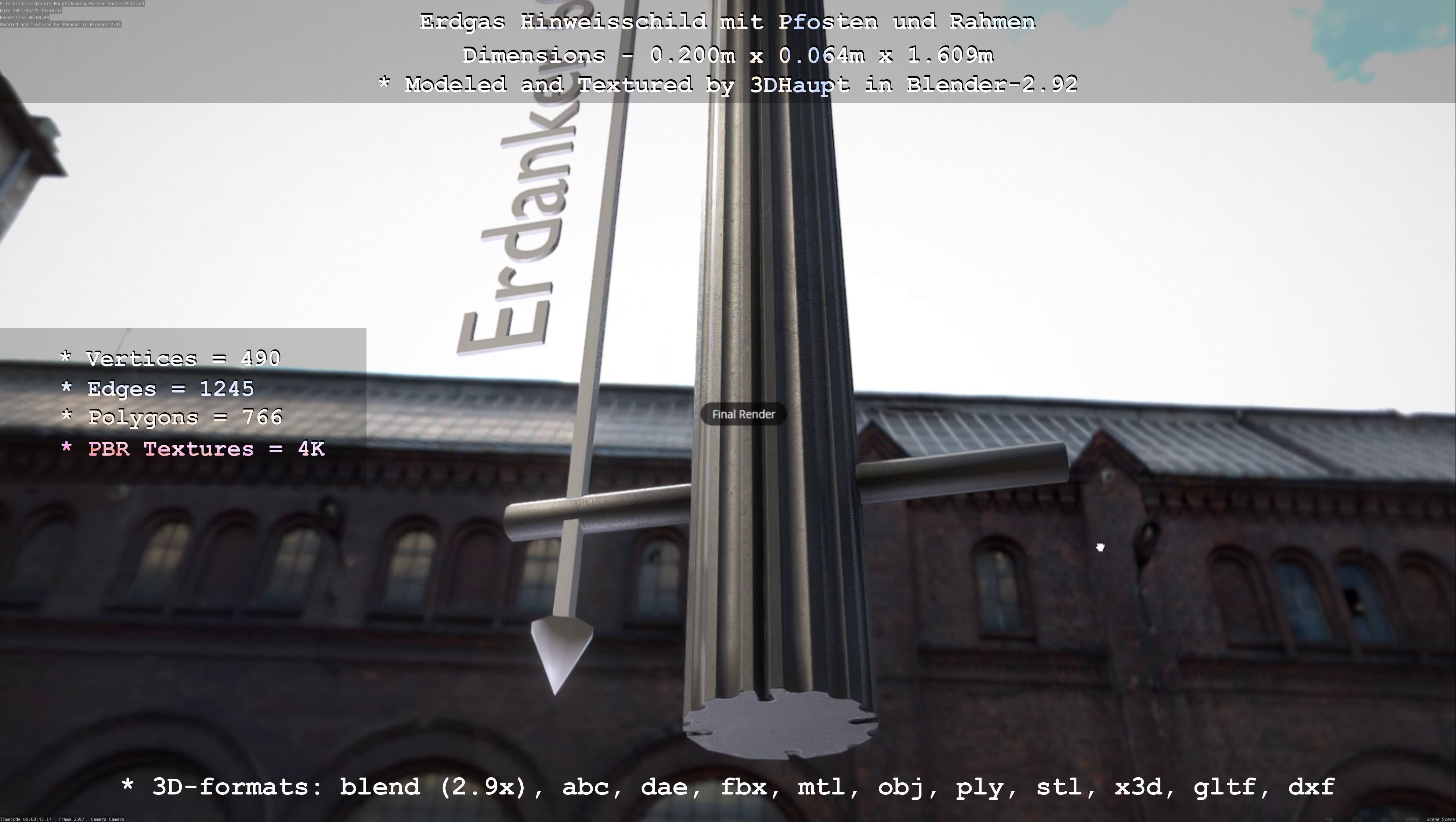 Hinweisschild Erdgas mit Pfosten und Rahmen Low-poly 3D model_102