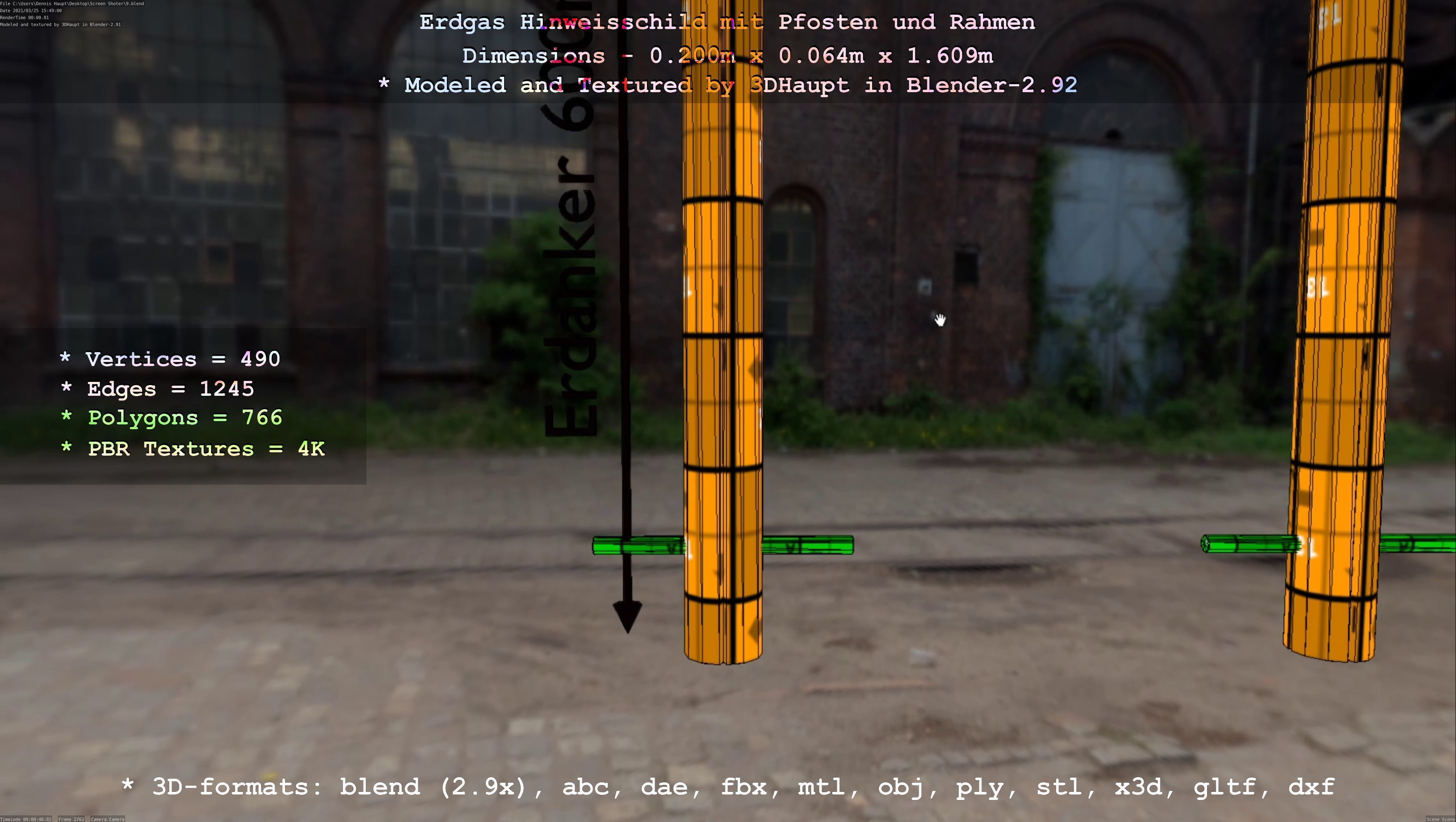 Hinweisschild Erdgas mit Pfosten und Rahmen Low-poly 3D model_50