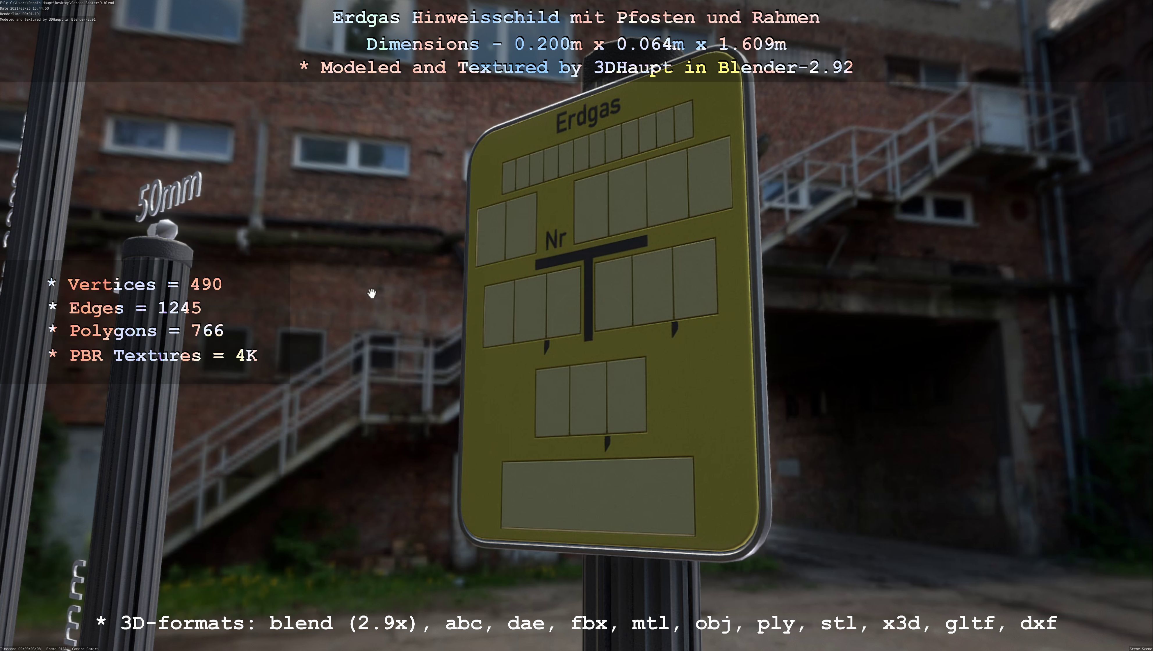 Hinweisschild Erdgas mit Pfosten und Rahmen Low-poly 3D model_54