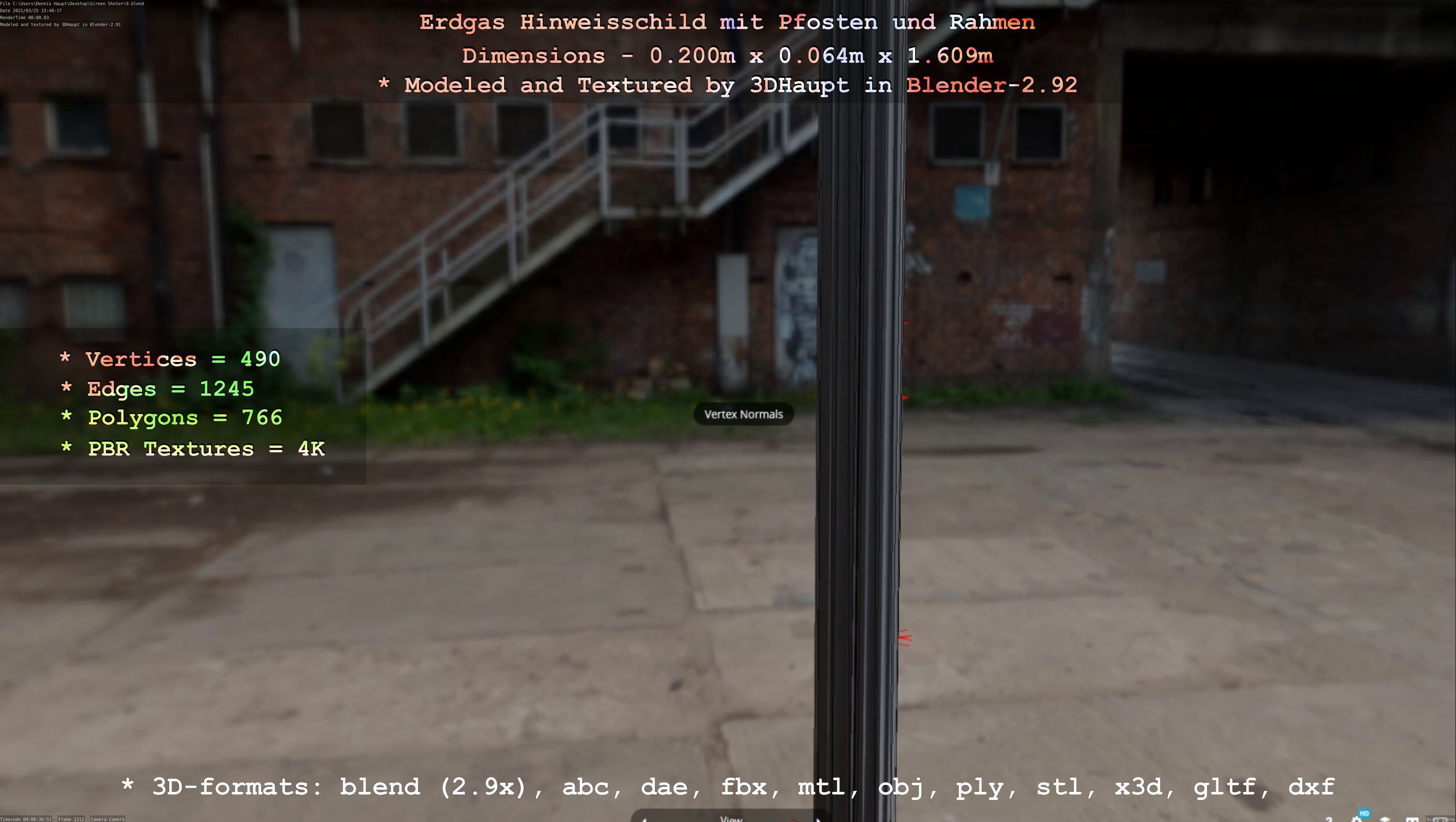 Hinweisschild Erdgas mit Pfosten und Rahmen Low-poly 3D model_5