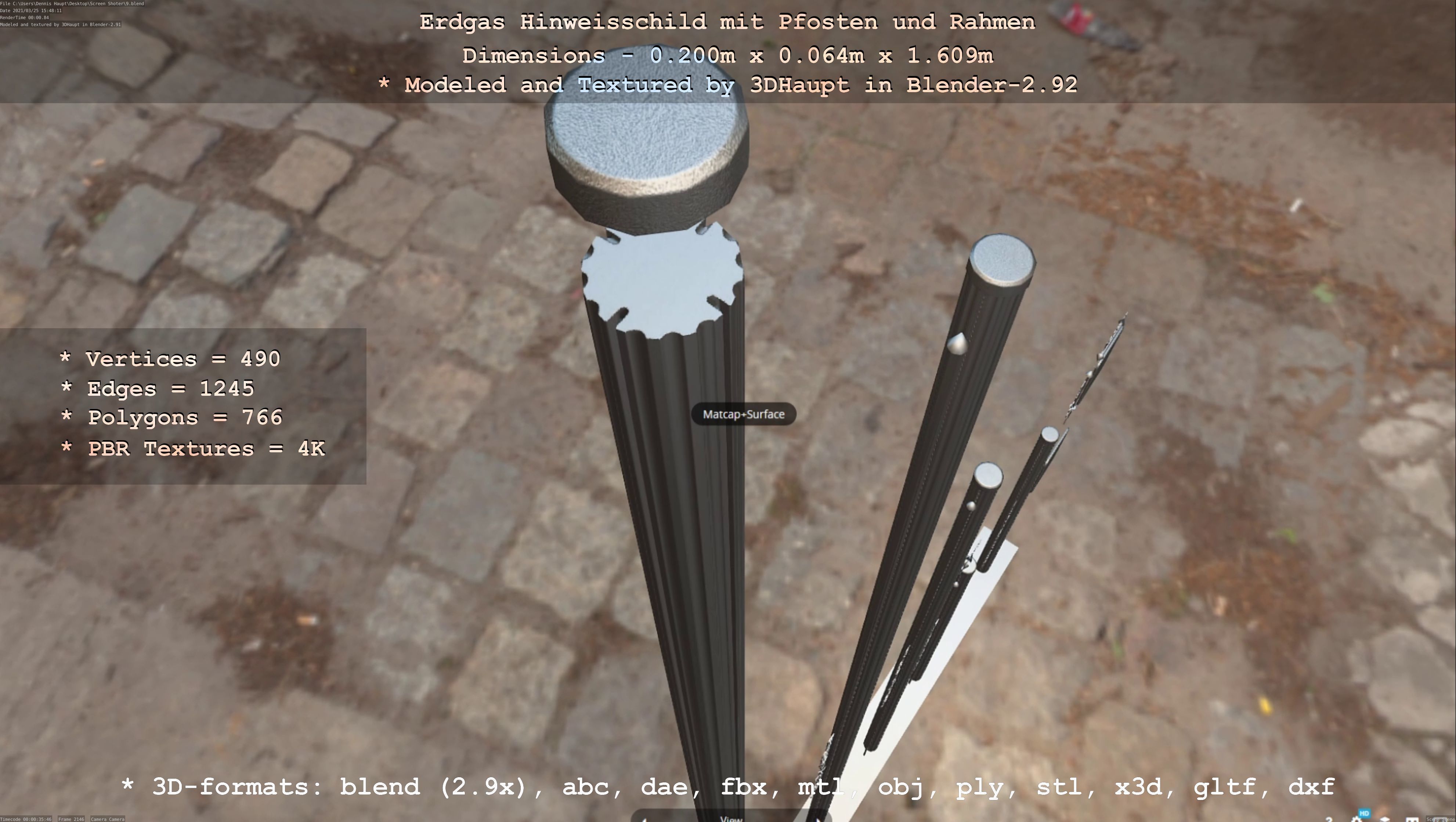 Hinweisschild Erdgas mit Pfosten und Rahmen Low-poly 3D model_4