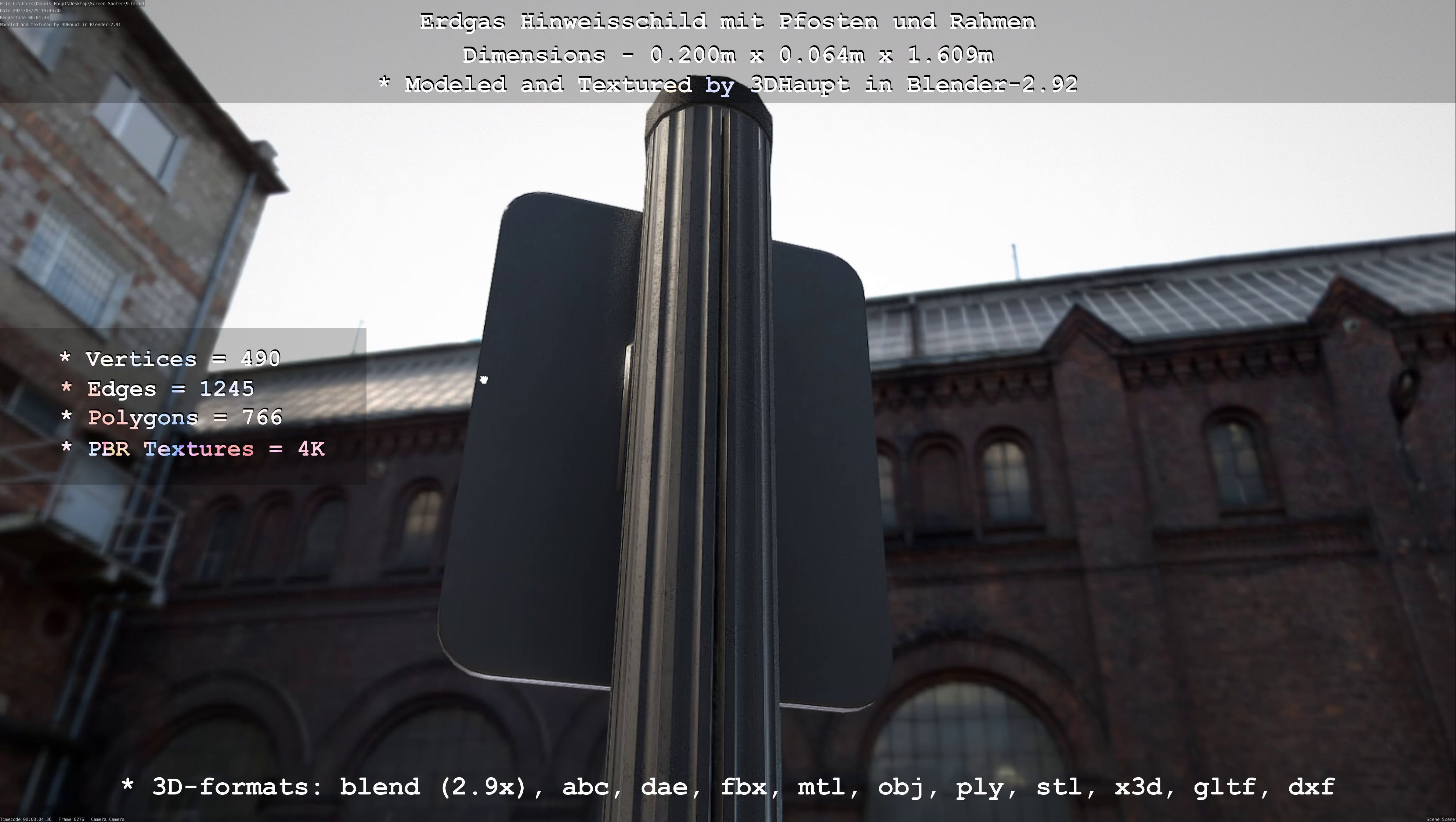 Hinweisschild Erdgas mit Pfosten und Rahmen Low-poly 3D model_20