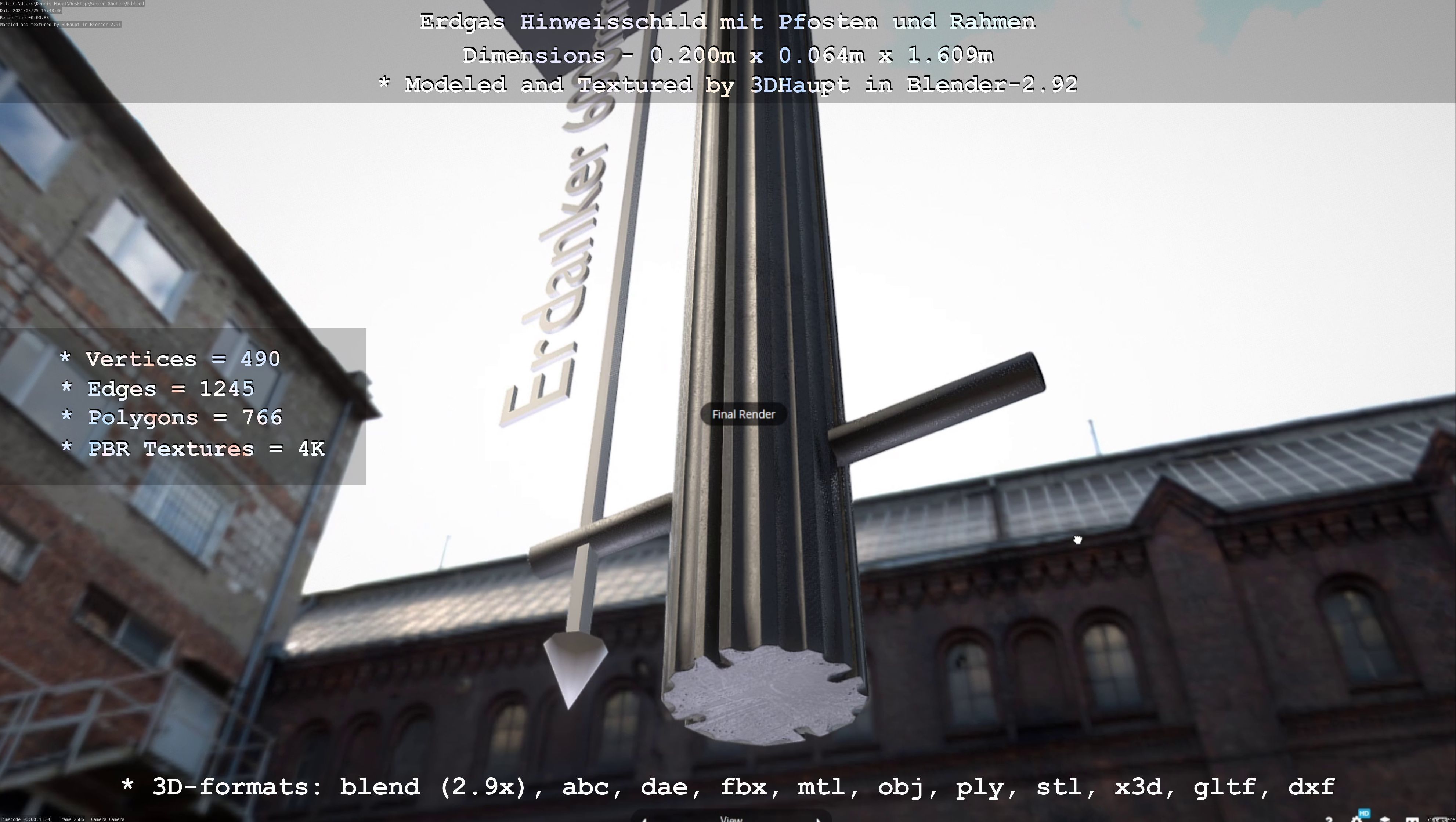 Hinweisschild Erdgas mit Pfosten und Rahmen Low-poly 3D model_63