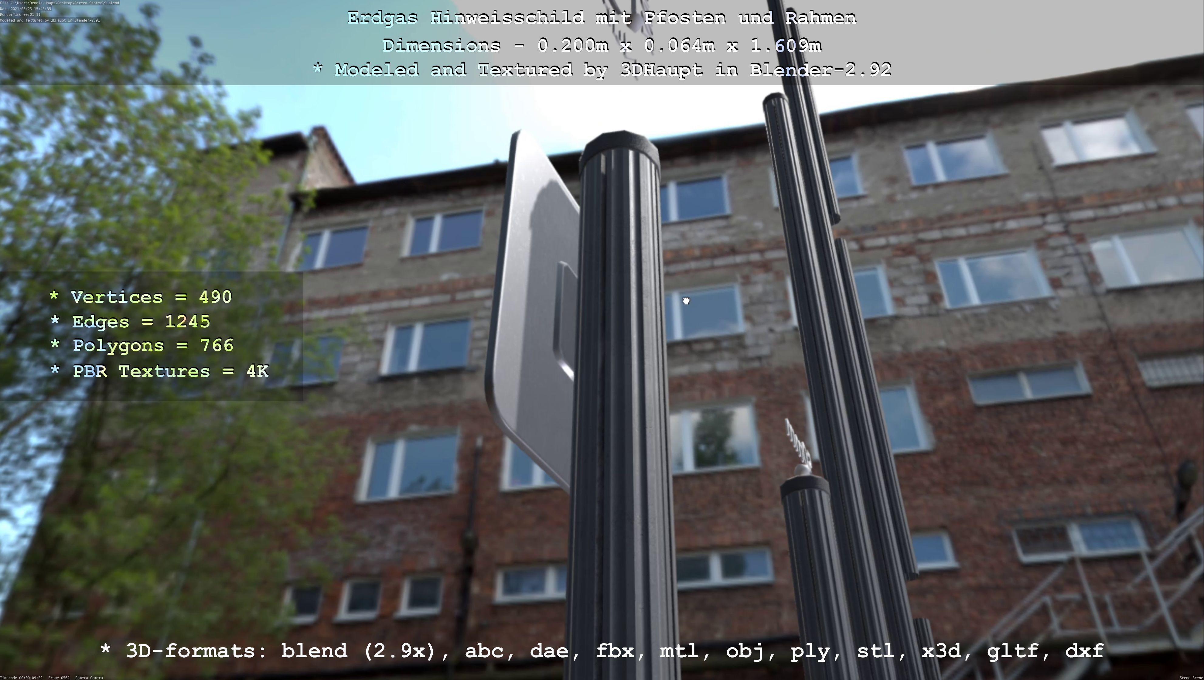 Hinweisschild Erdgas mit Pfosten und Rahmen Low-poly 3D model_23