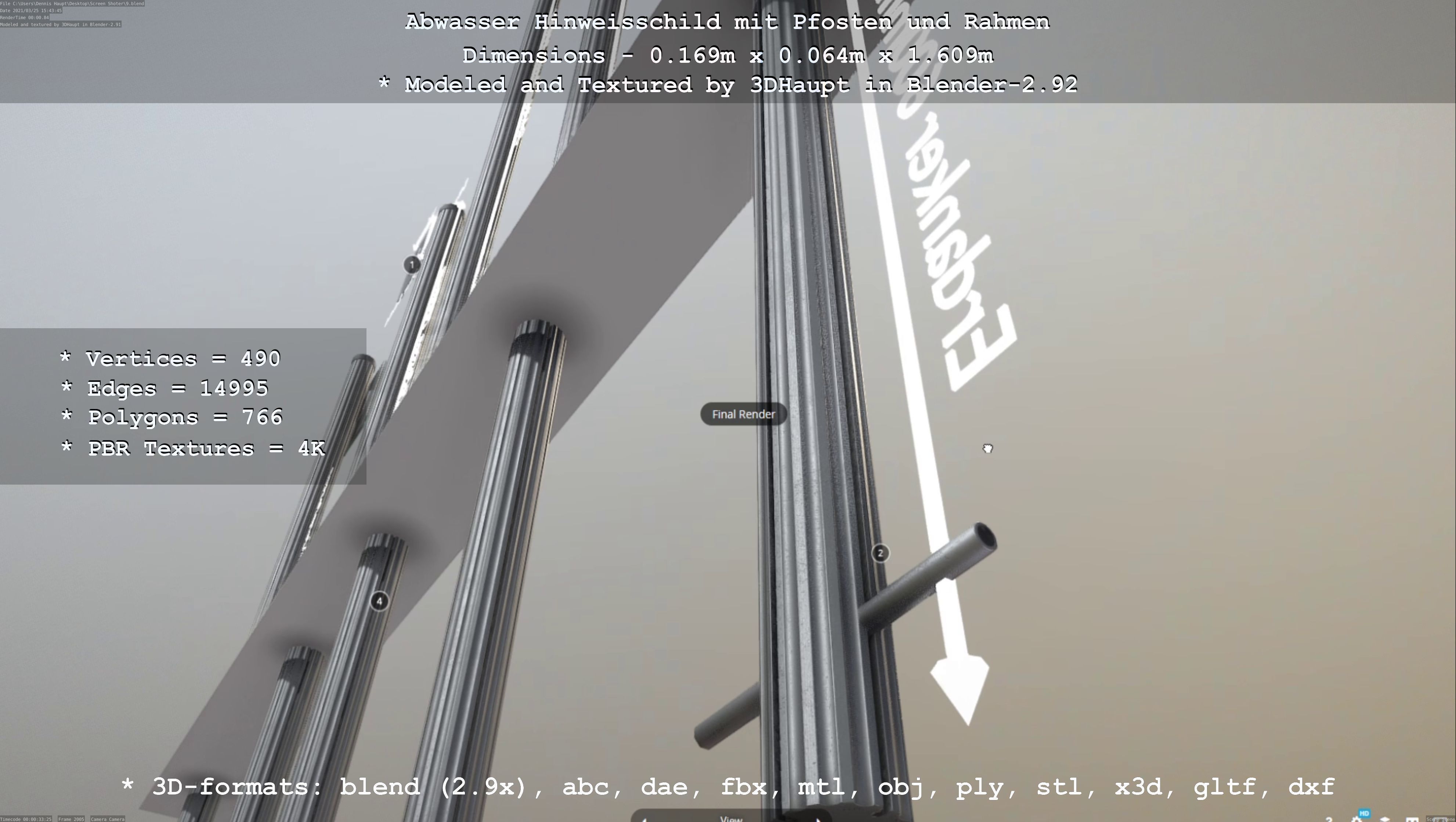 Hinweisschild Abwasser mit Pfosten und Rahmen Low-poly 3D model_57