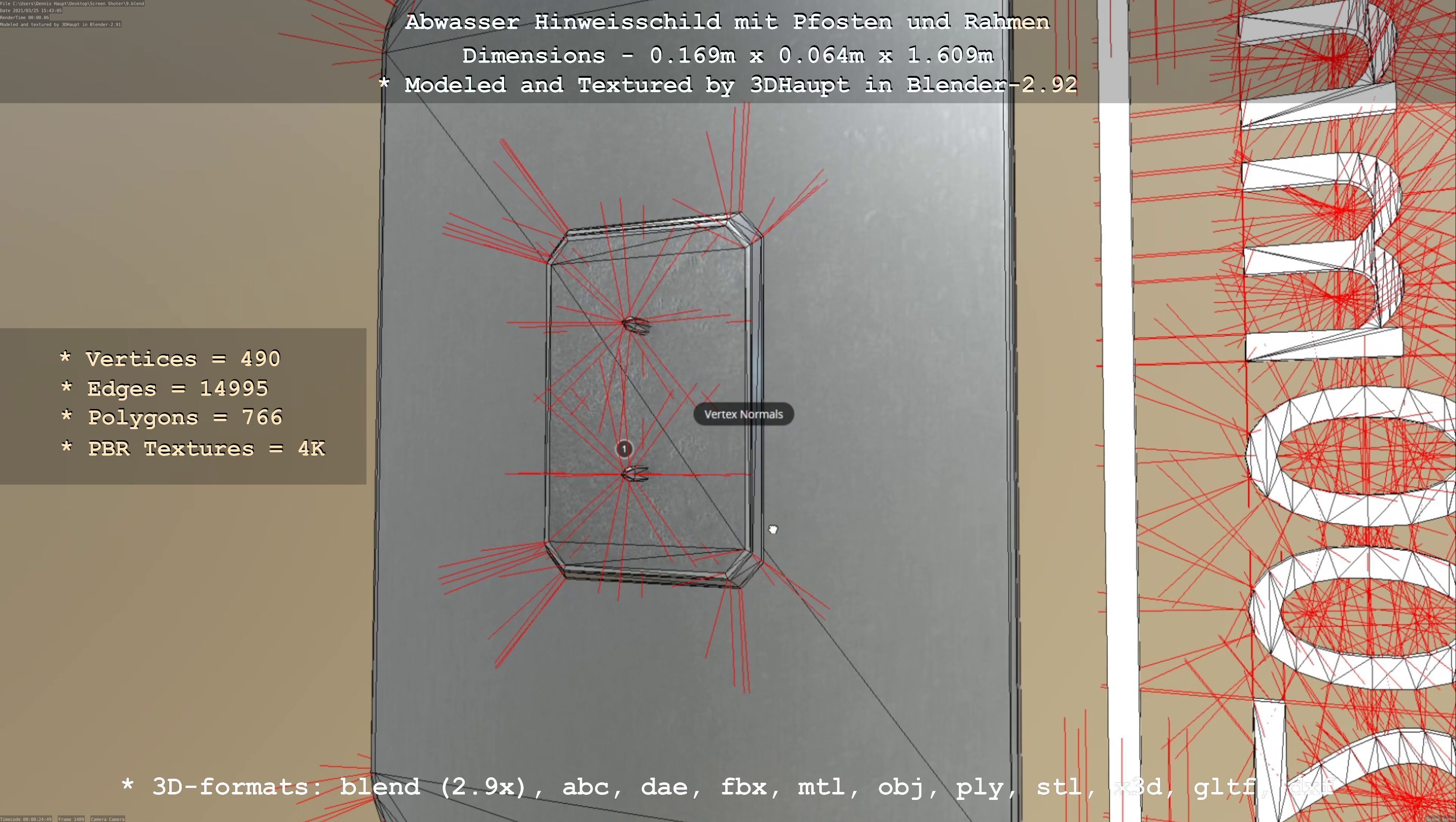 Hinweisschild Abwasser mit Pfosten und Rahmen Low-poly 3D model_44