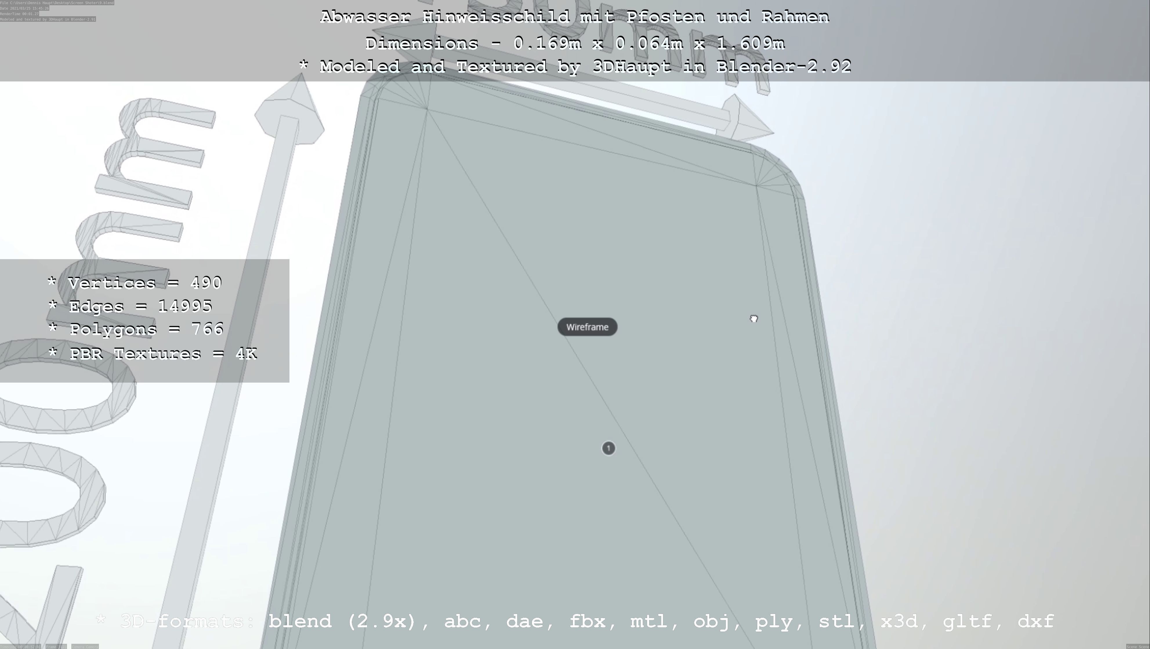 Hinweisschild Abwasser mit Pfosten und Rahmen Low-poly 3D model_93