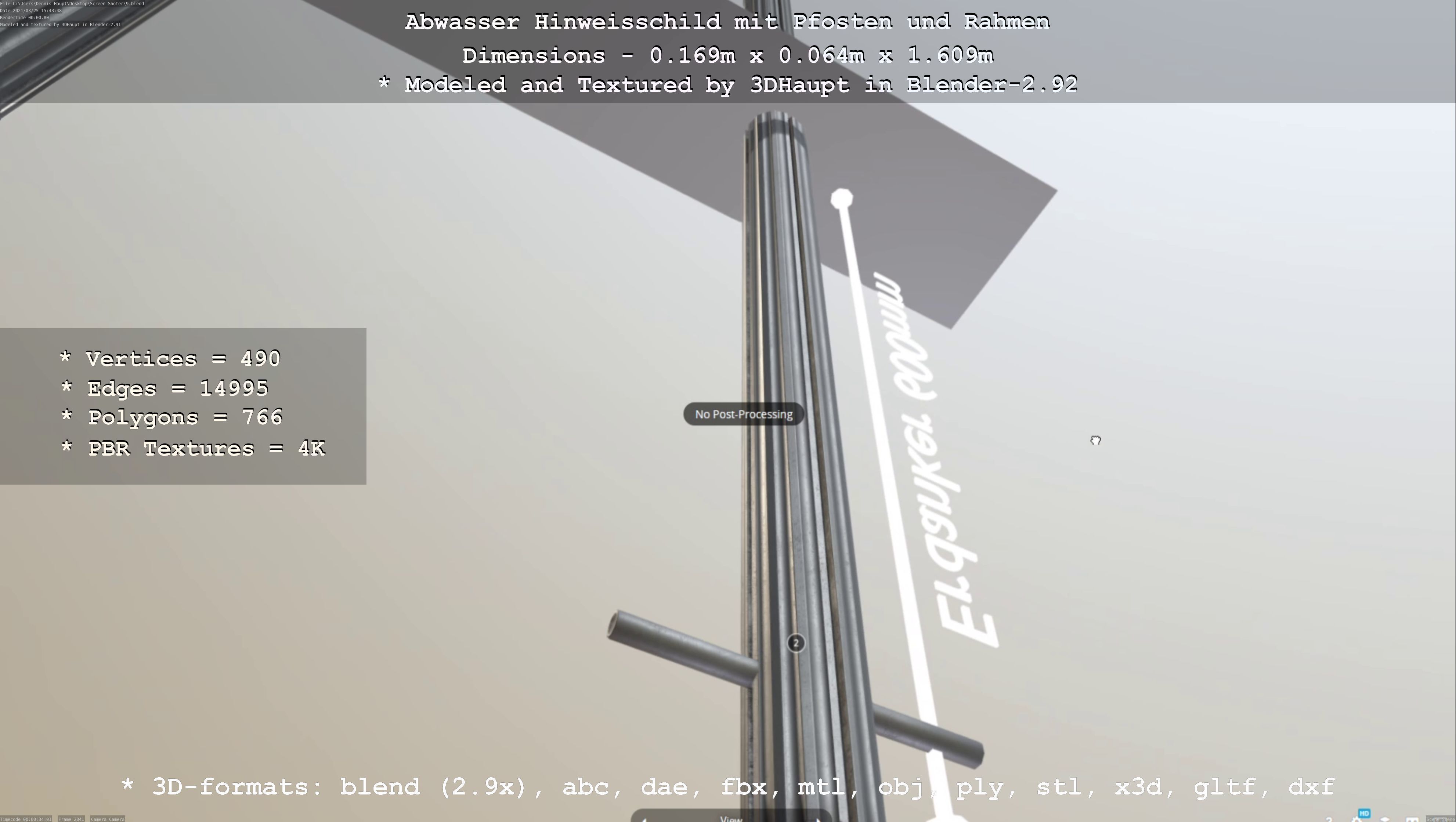 Hinweisschild Abwasser mit Pfosten und Rahmen Low-poly 3D model_59