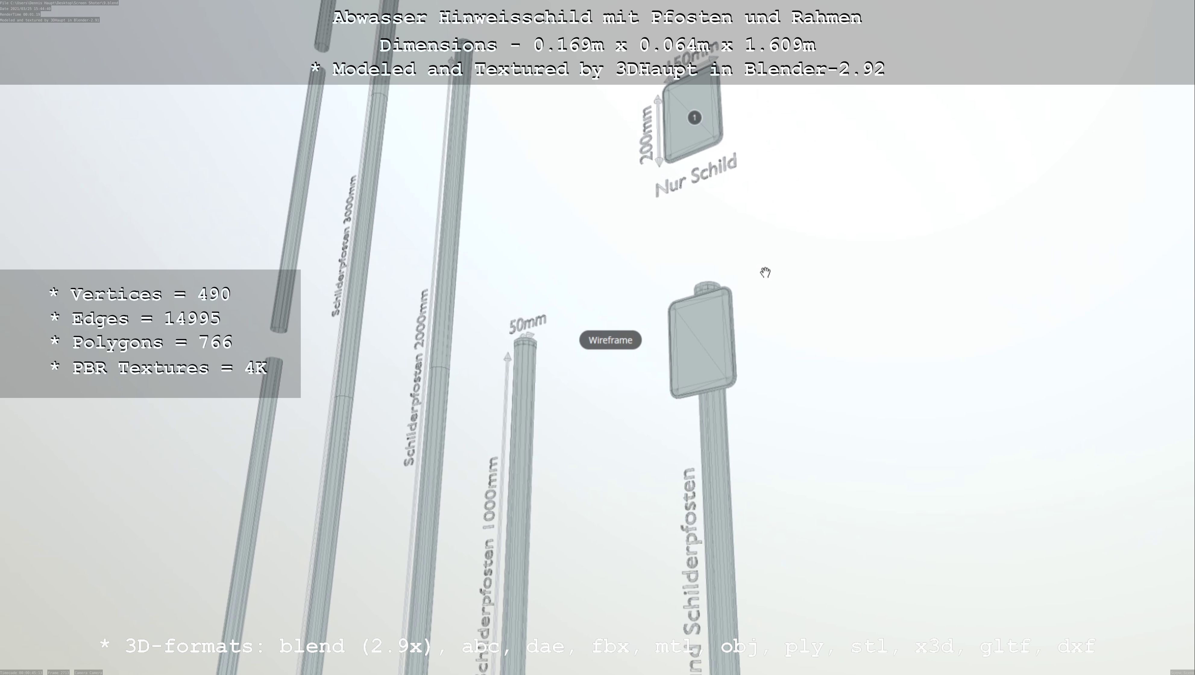 Hinweisschild Abwasser mit Pfosten und Rahmen Low-poly 3D model_77