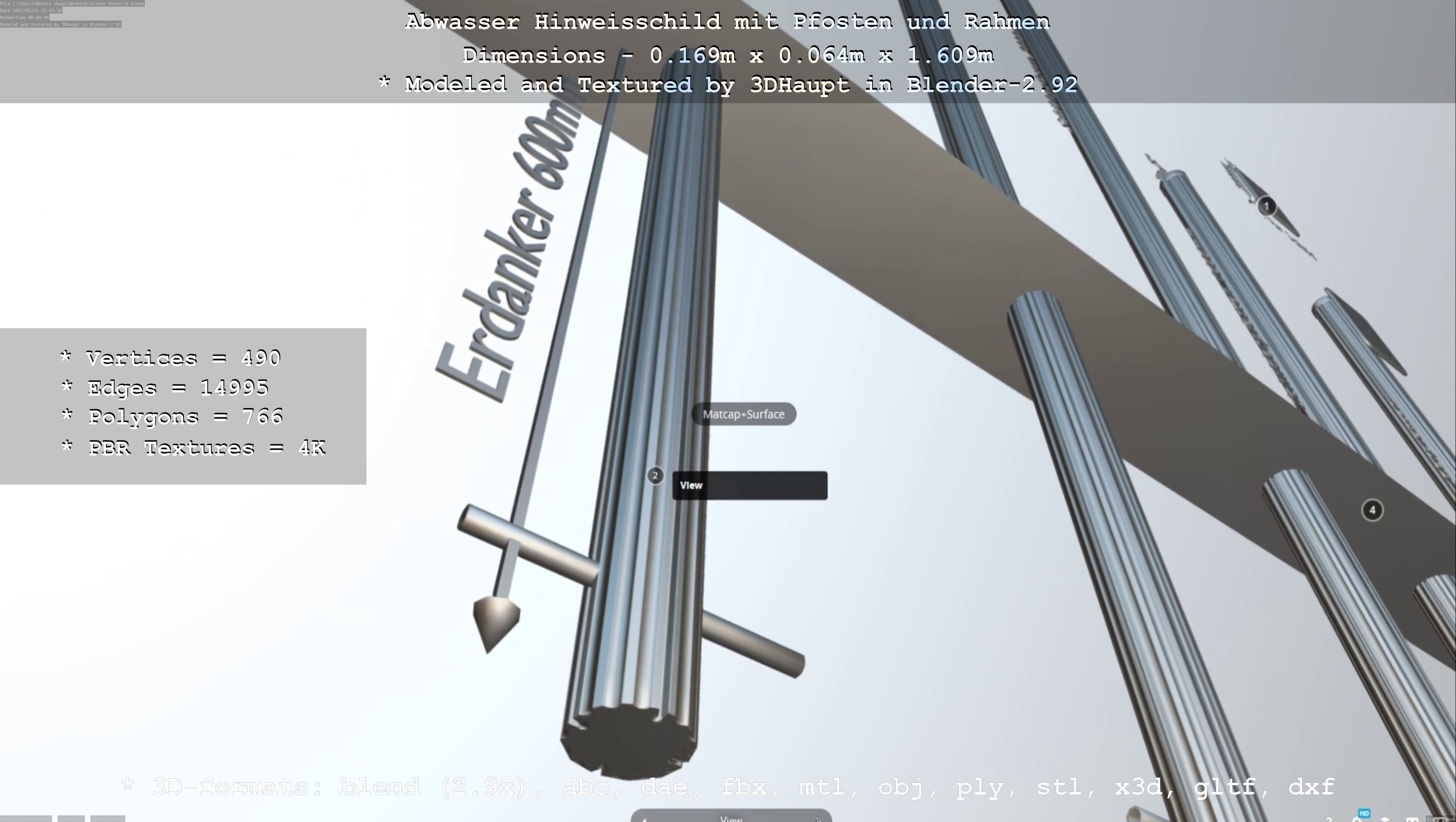 Hinweisschild Abwasser mit Pfosten und Rahmen Low-poly 3D model_42