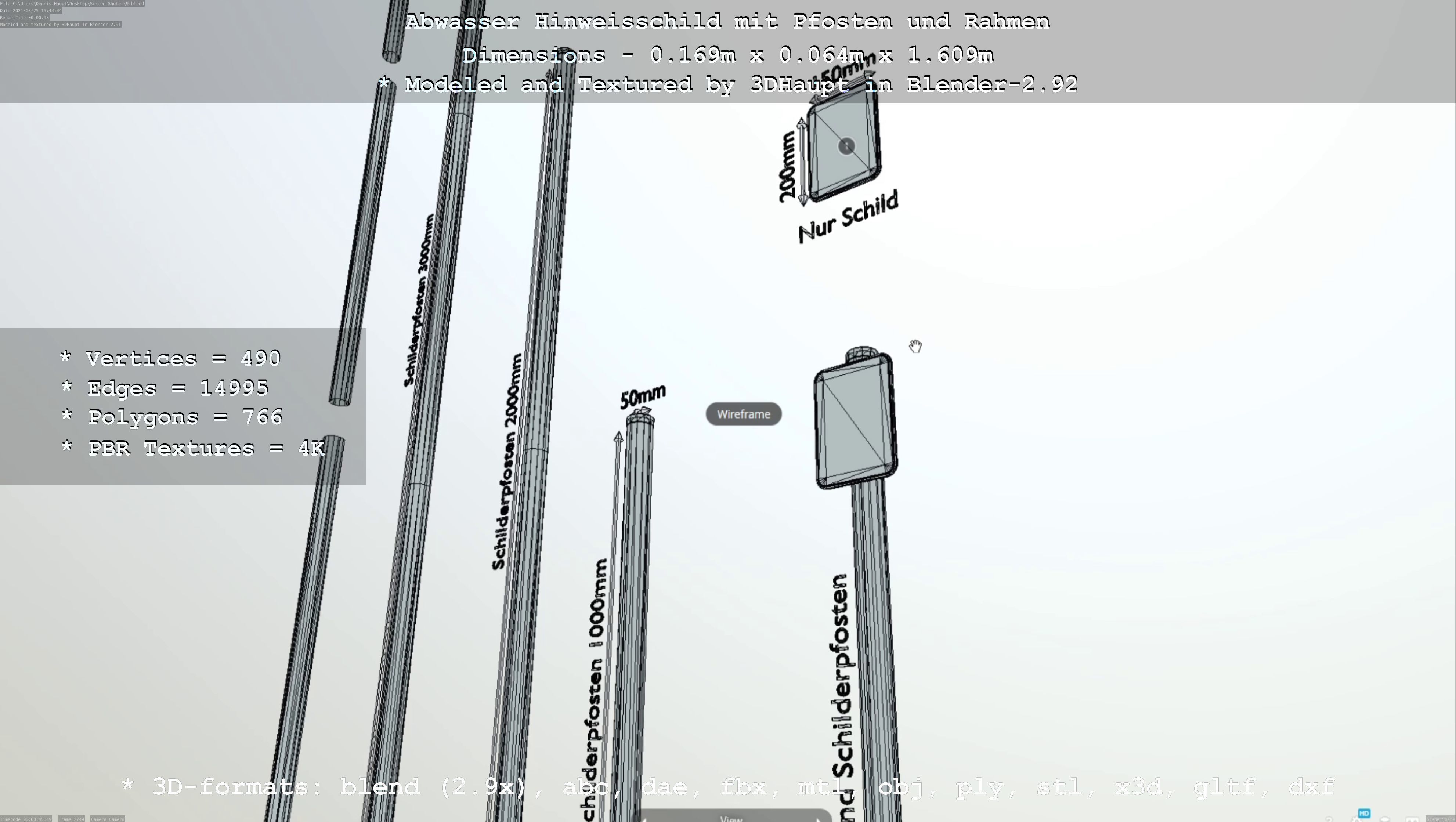 Hinweisschild Abwasser mit Pfosten und Rahmen Low-poly 3D model_82