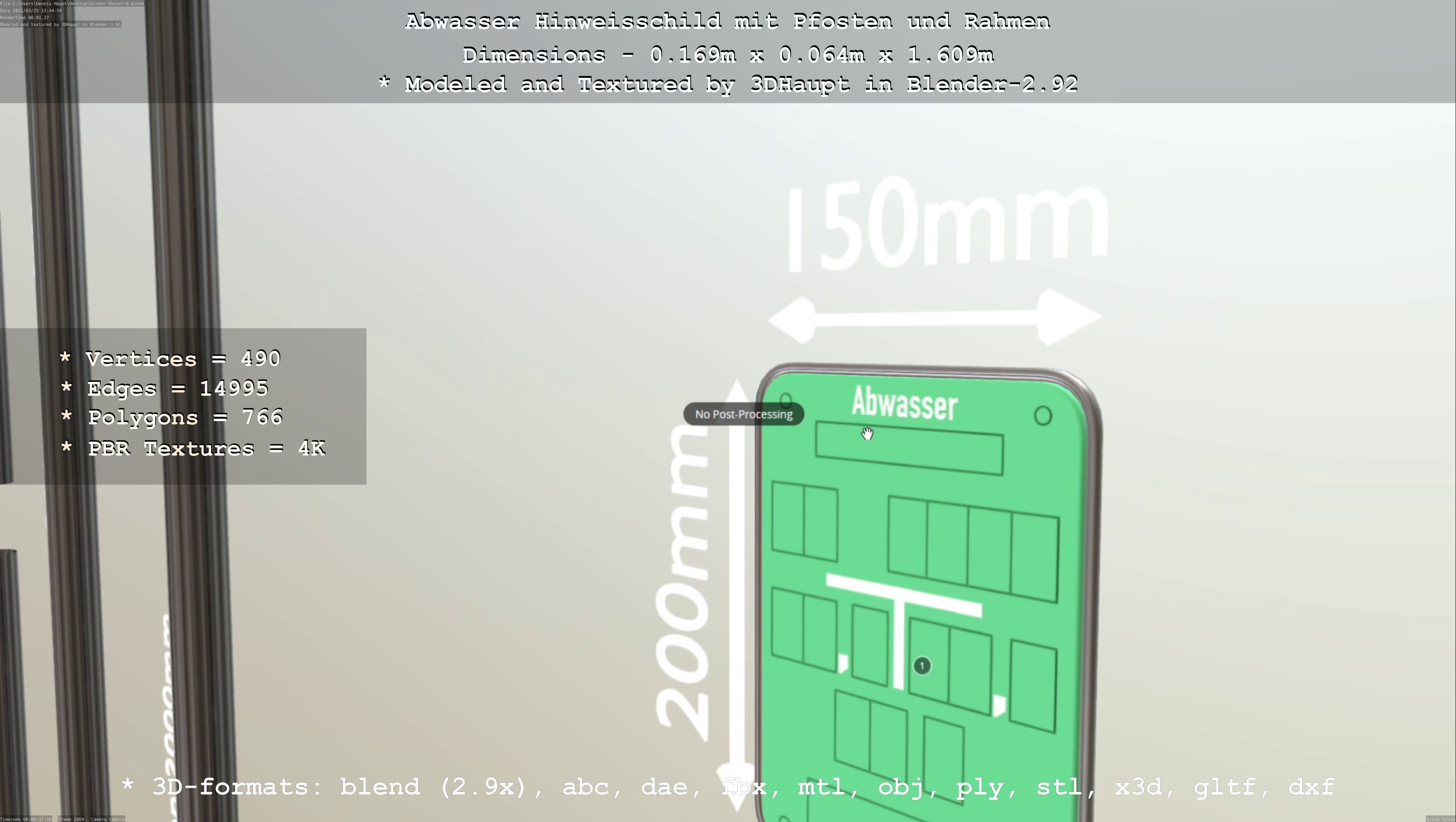 Hinweisschild Abwasser mit Pfosten und Rahmen Low-poly 3D model_84