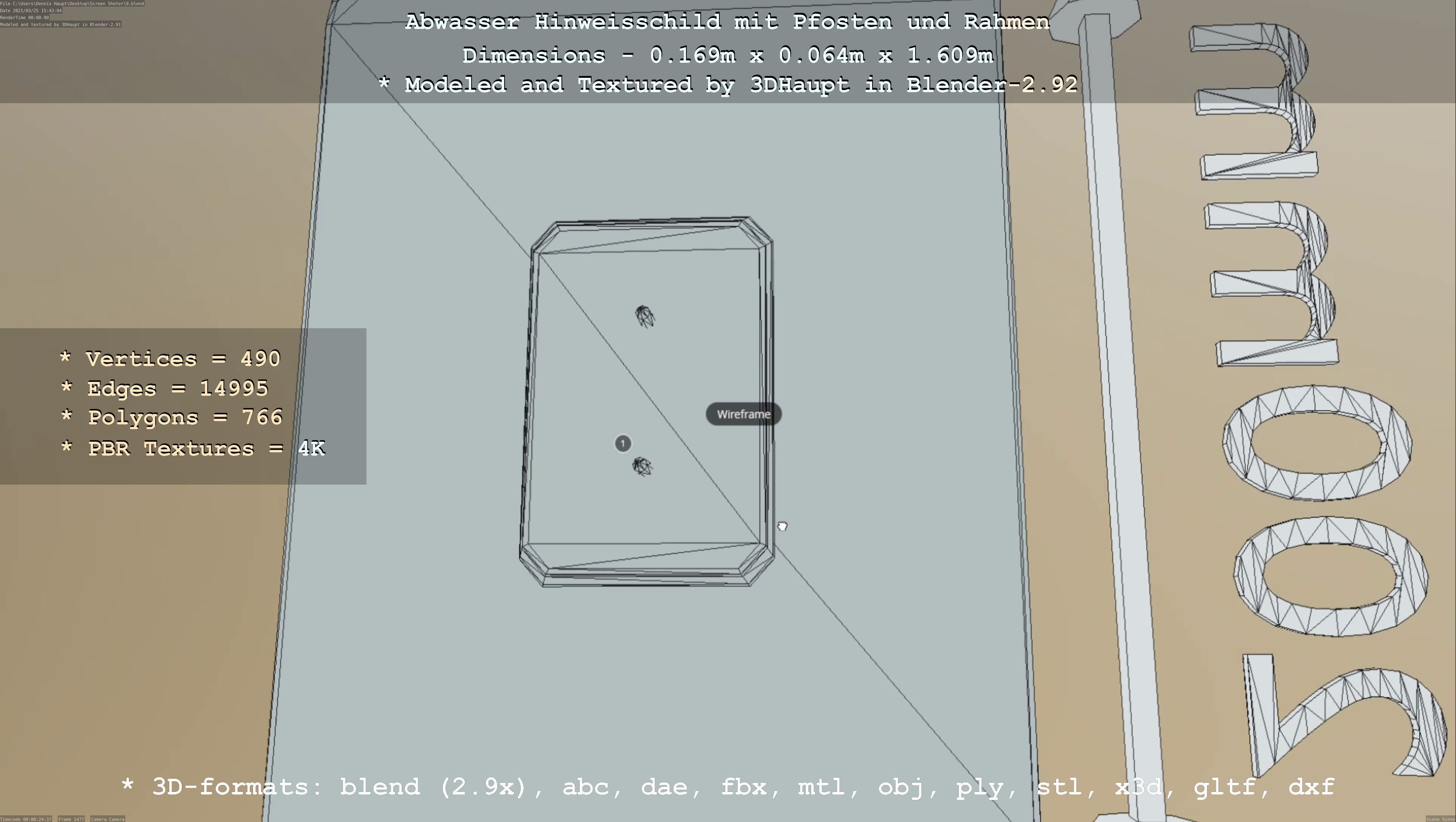 Hinweisschild Abwasser mit Pfosten und Rahmen Low-poly 3D model_14