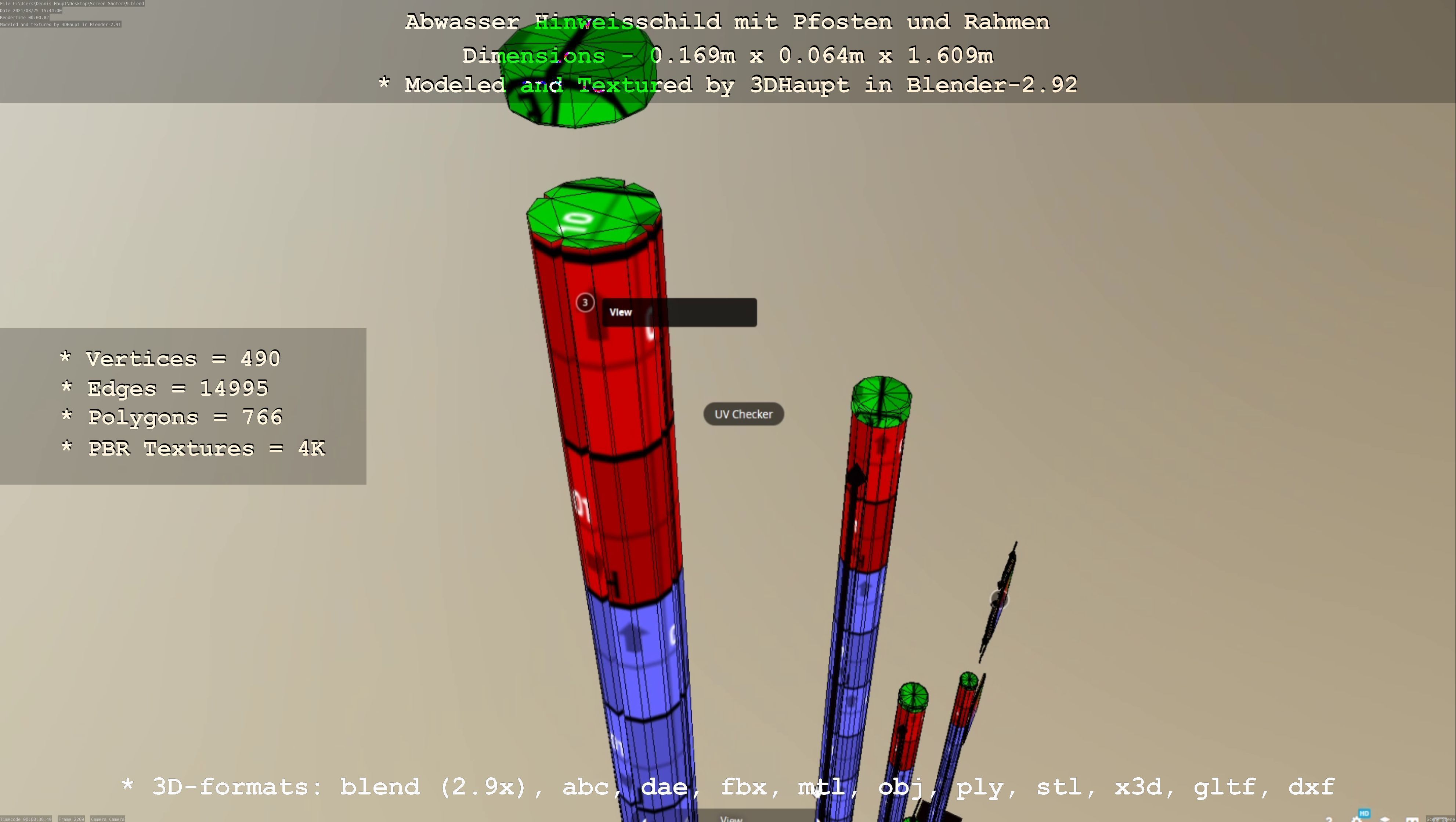 Hinweisschild Abwasser mit Pfosten und Rahmen Low-poly 3D model_71