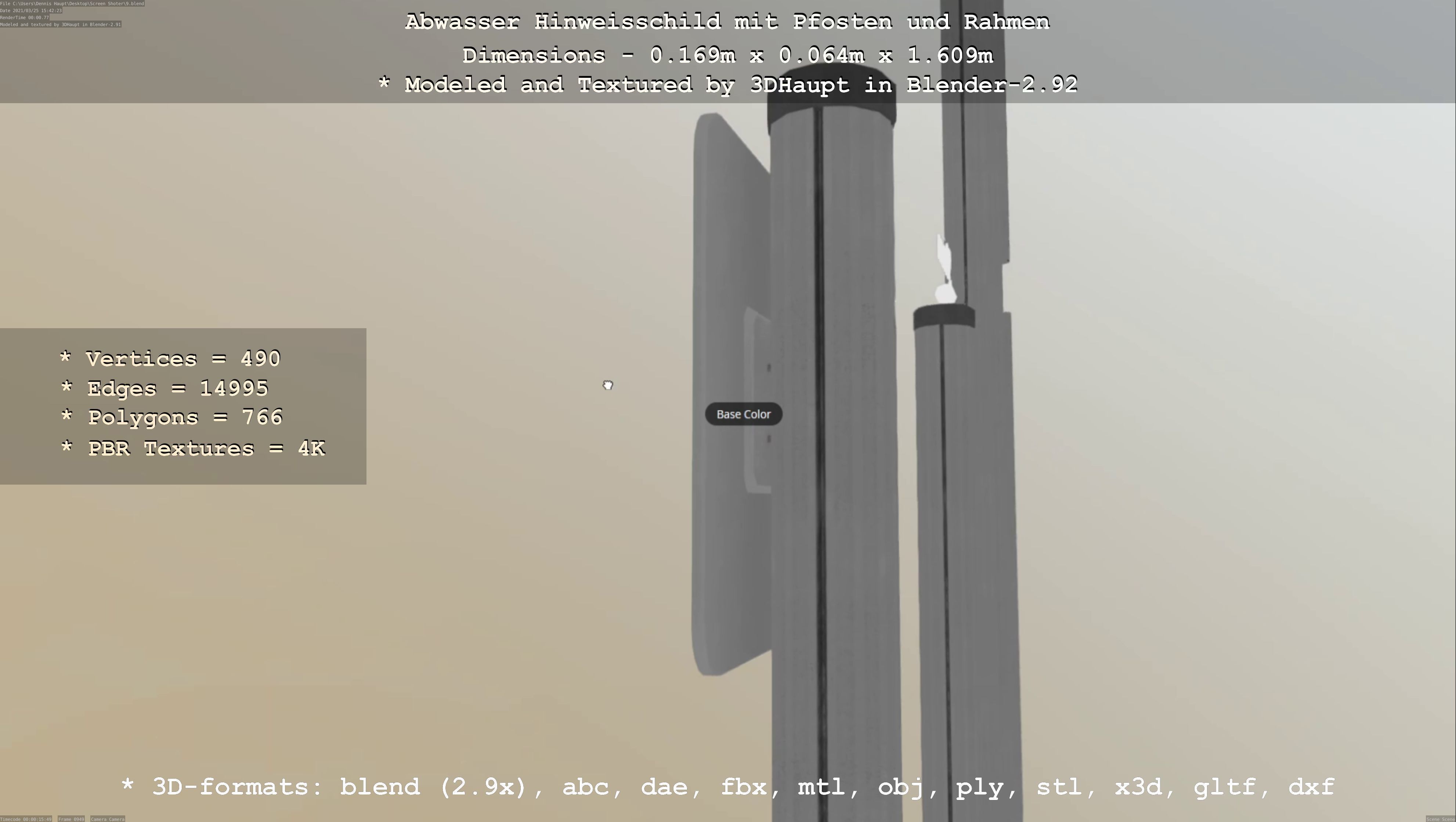 Hinweisschild Abwasser mit Pfosten und Rahmen Low-poly 3D model_4