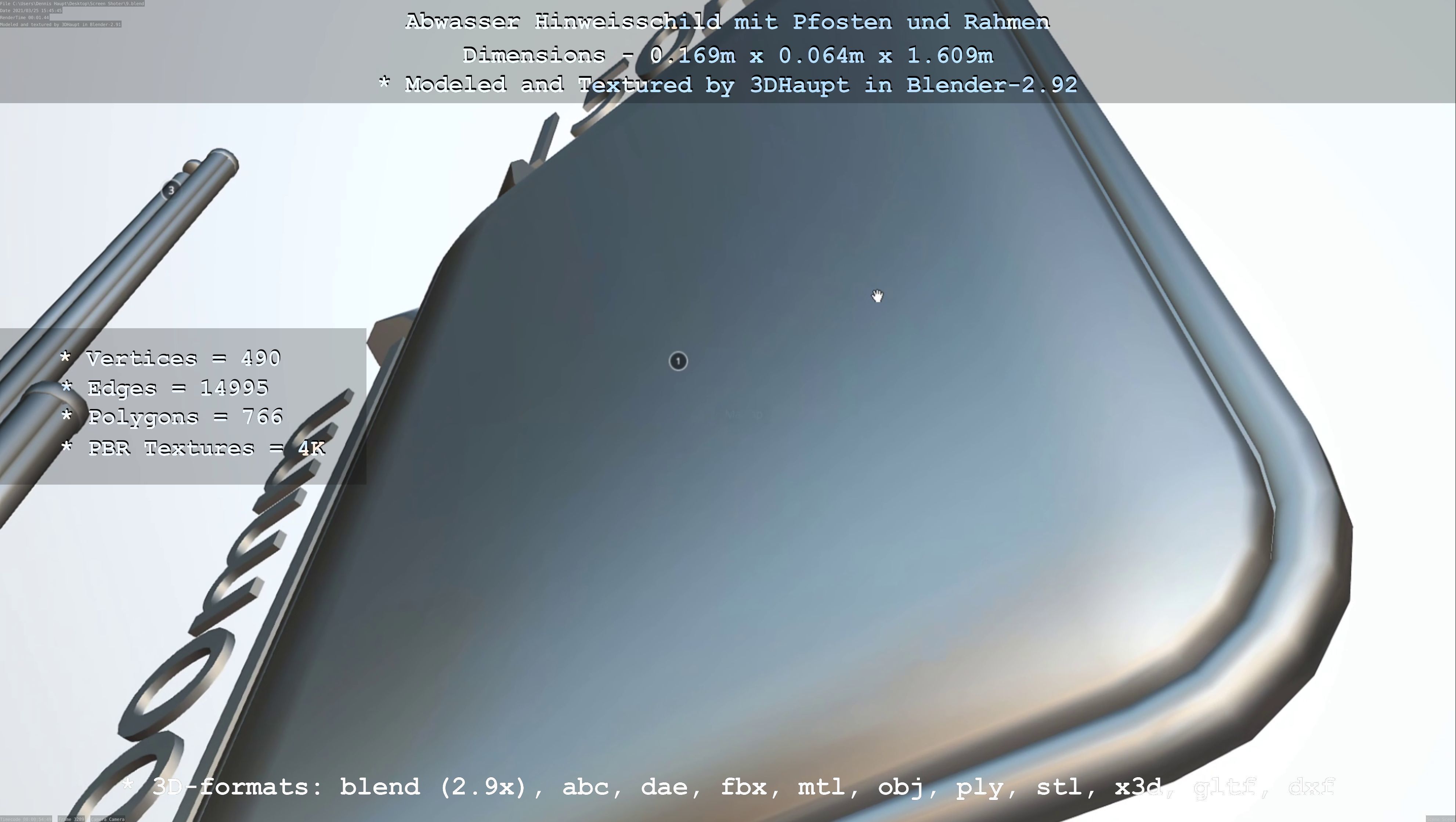 Hinweisschild Abwasser mit Pfosten und Rahmen Low-poly 3D model_99