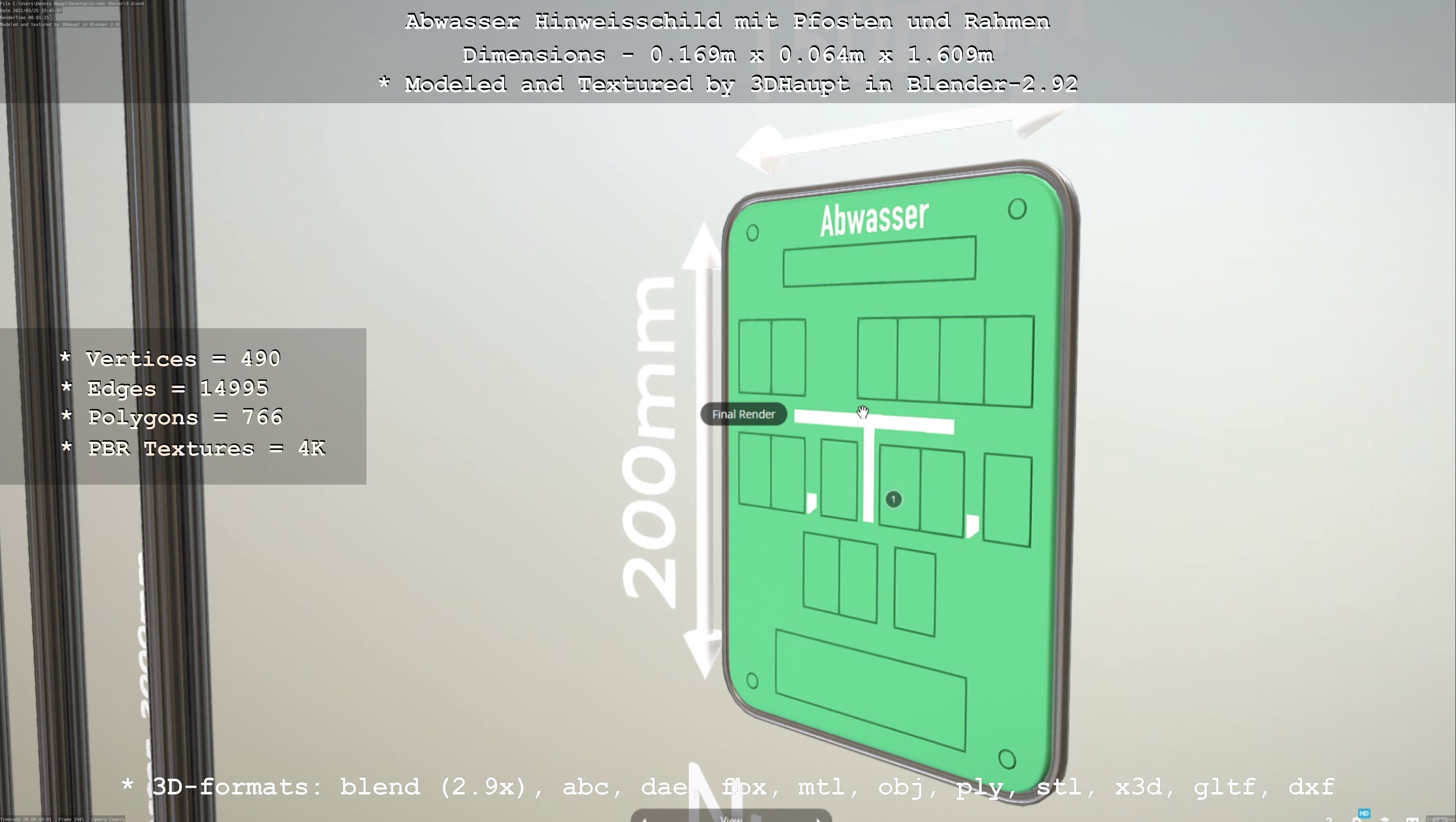 Hinweisschild Abwasser mit Pfosten und Rahmen Low-poly 3D model_90