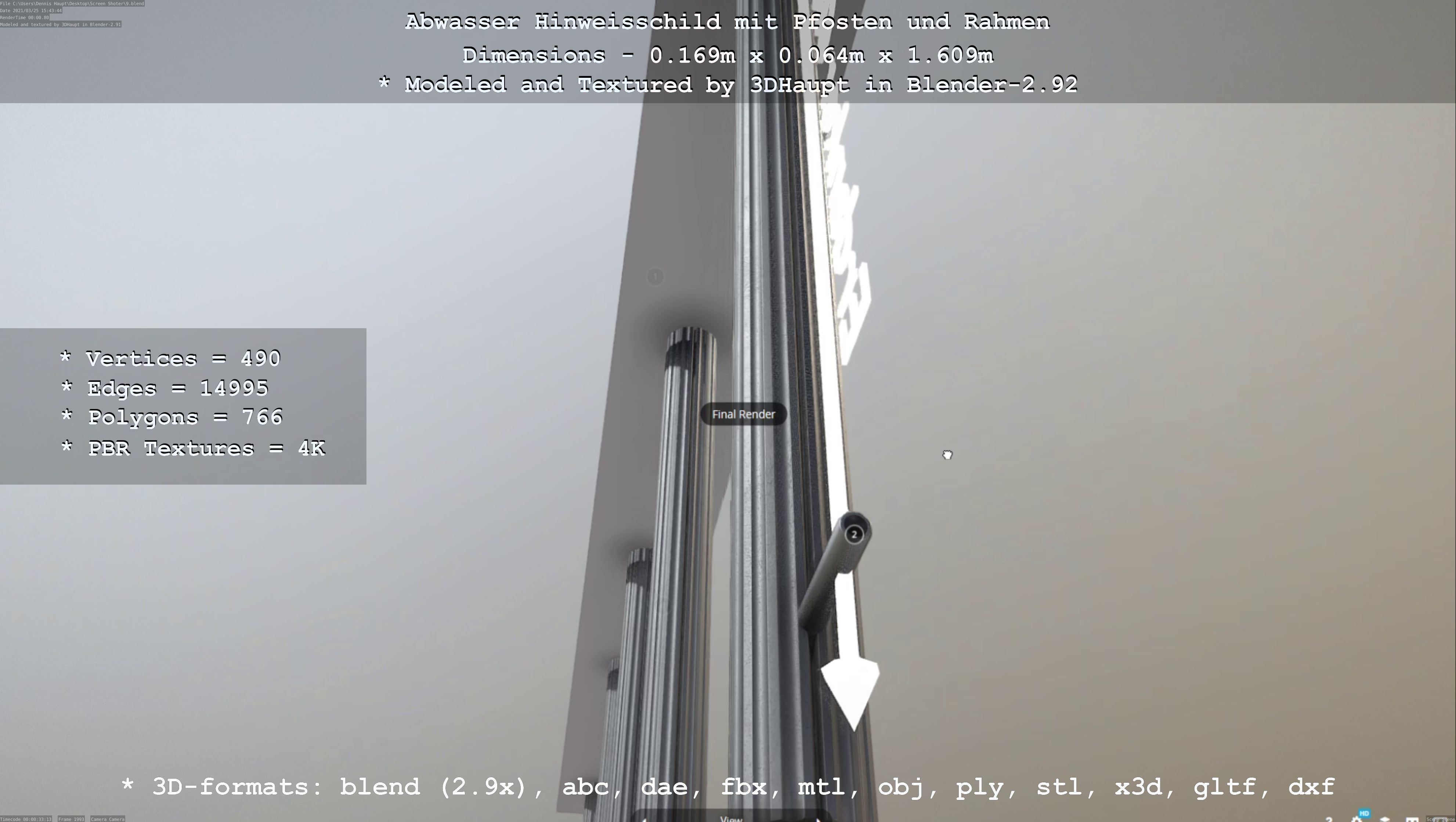 Hinweisschild Abwasser mit Pfosten und Rahmen Low-poly 3D model_58