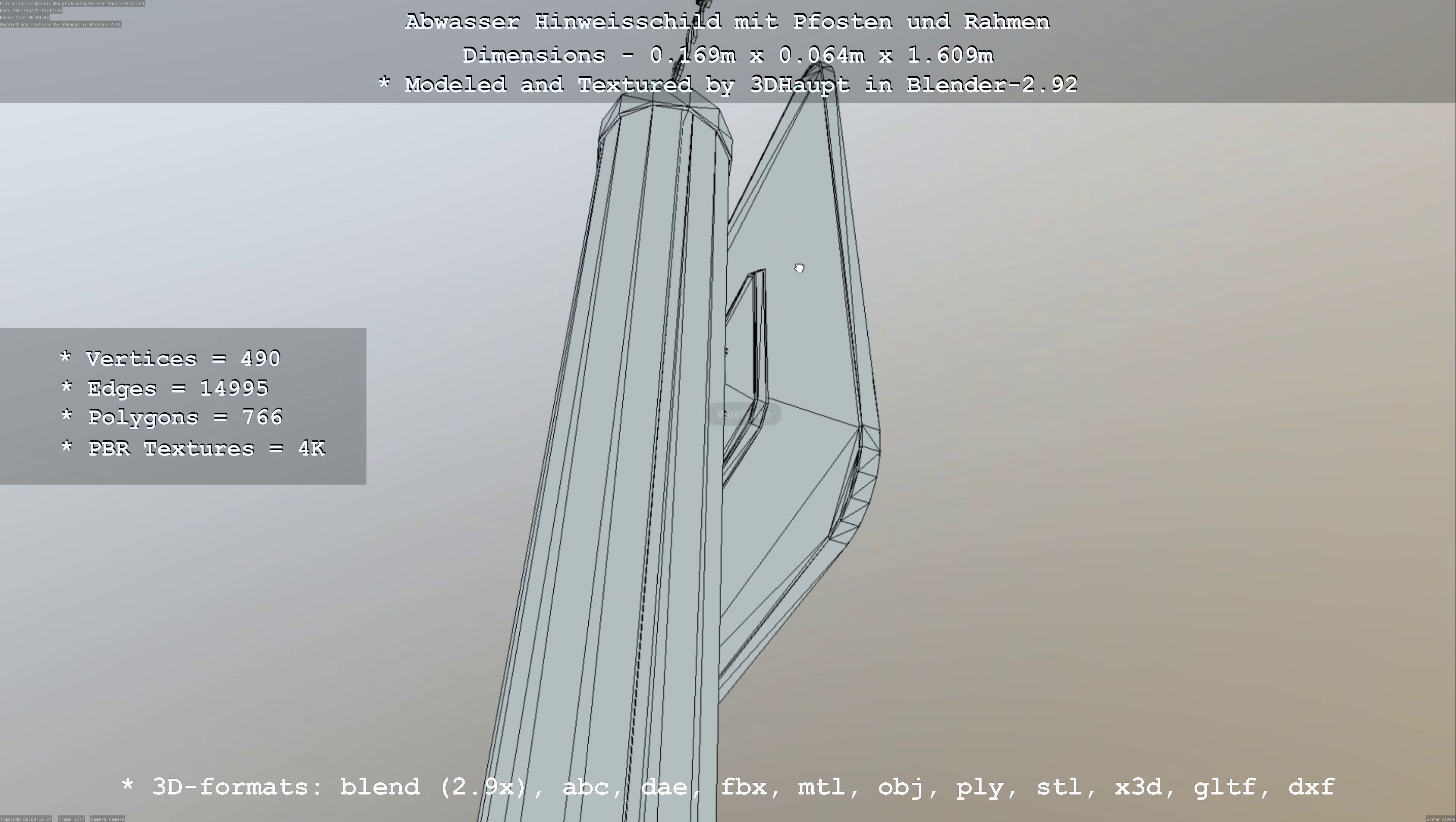 Hinweisschild Abwasser mit Pfosten und Rahmen Low-poly 3D model_8