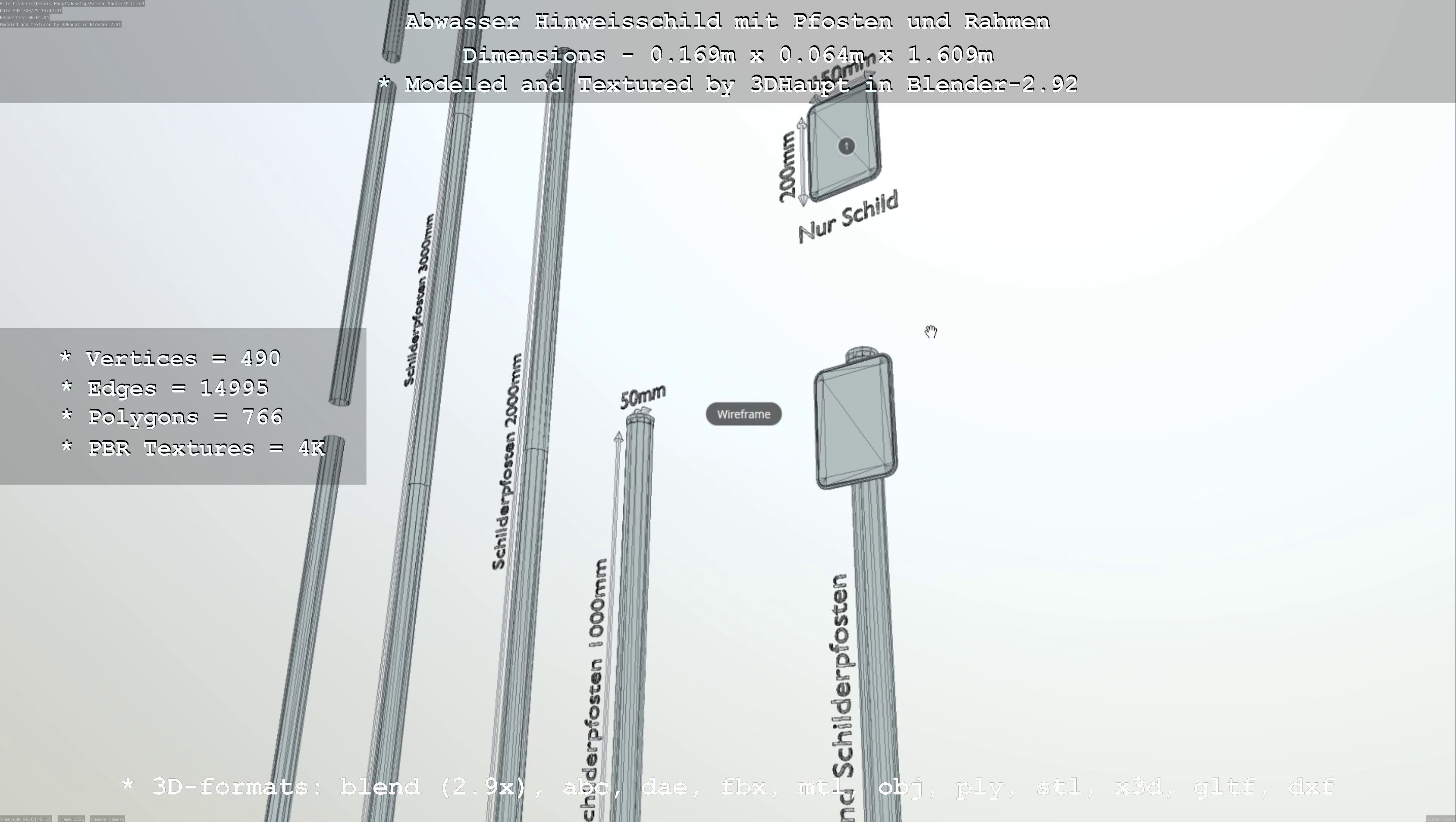 Hinweisschild Abwasser mit Pfosten und Rahmen Low-poly 3D model_78