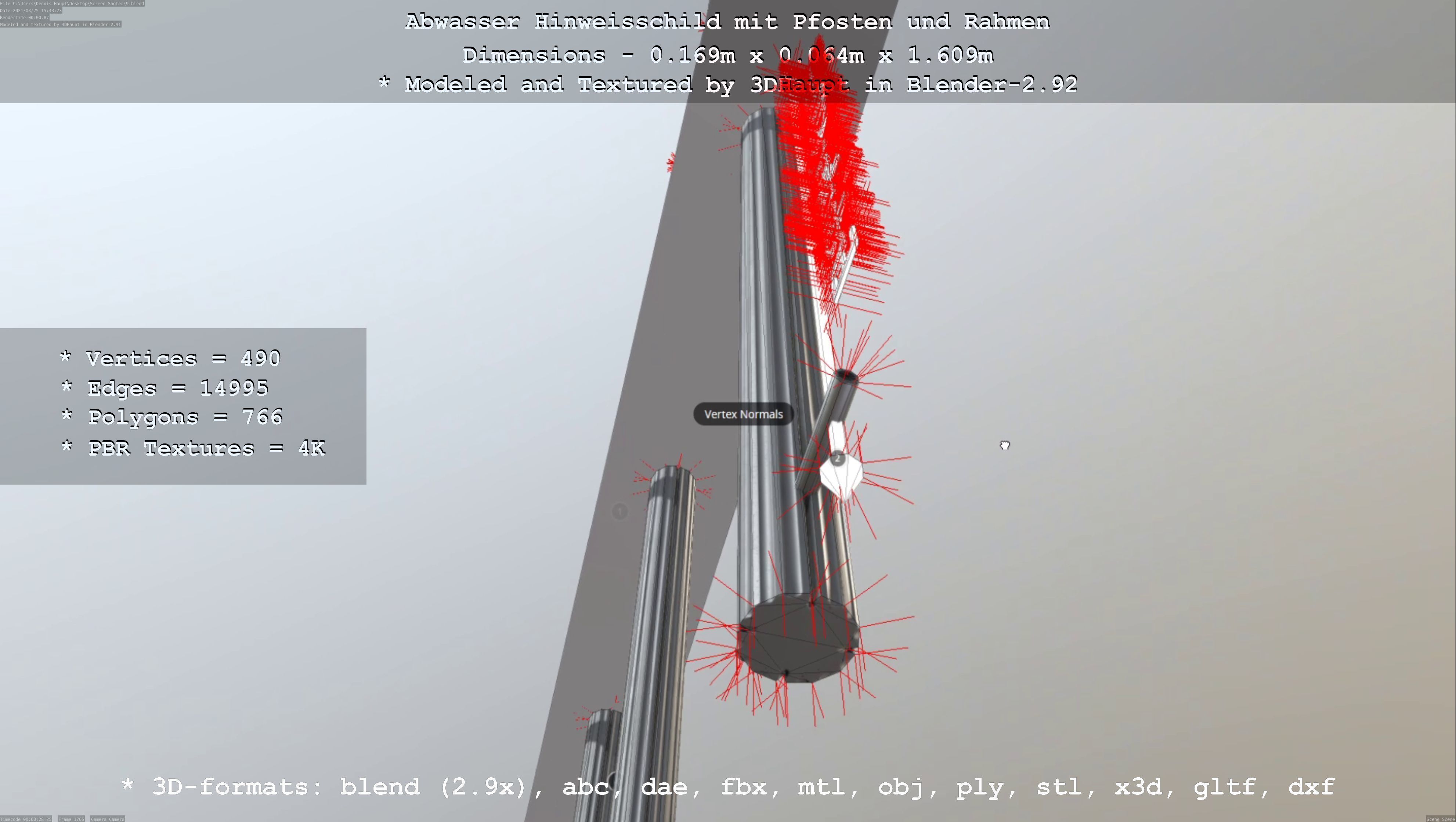 Hinweisschild Abwasser mit Pfosten und Rahmen Low-poly 3D model_16