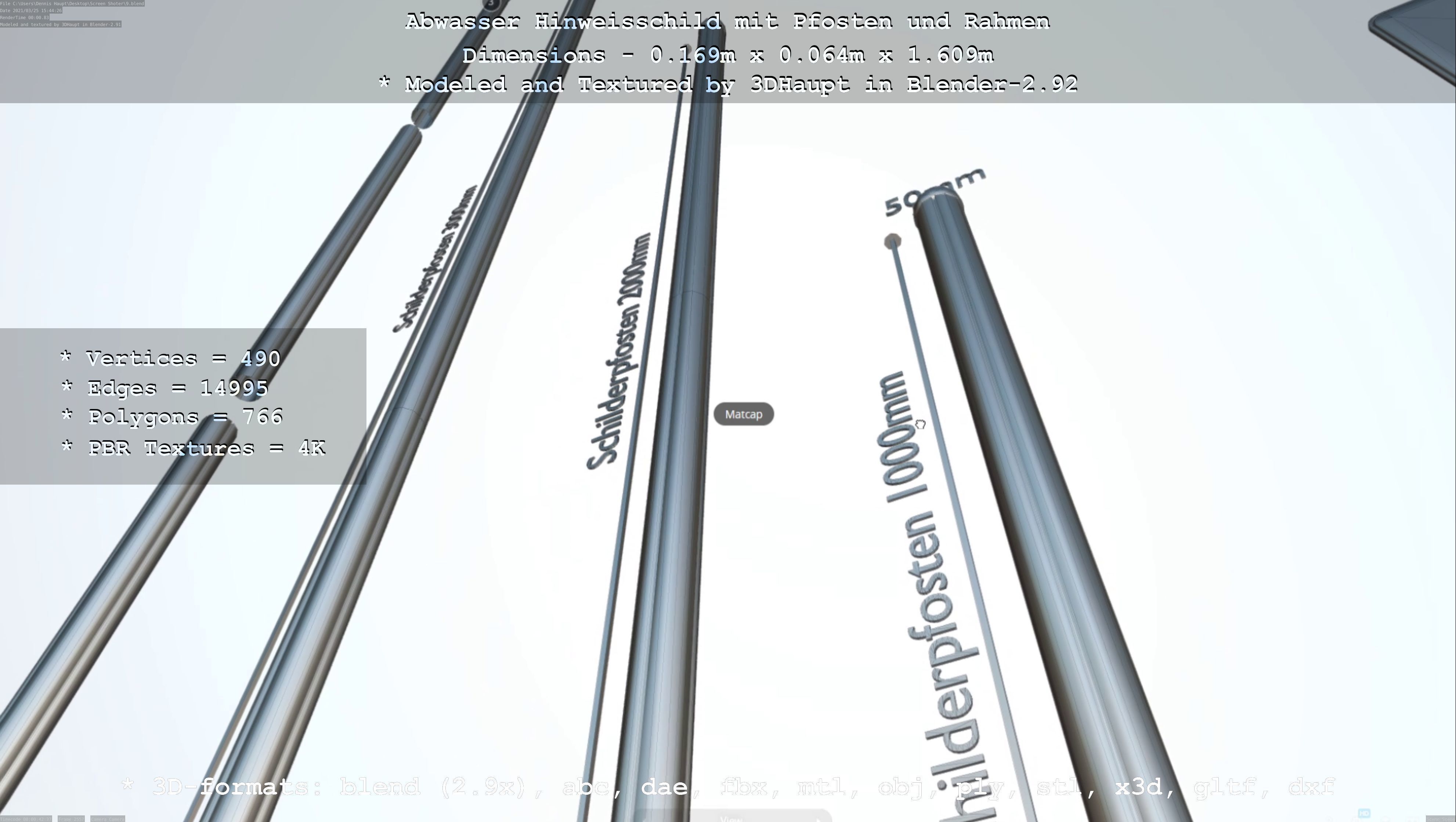 Hinweisschild Abwasser mit Pfosten und Rahmen Low-poly 3D model_73