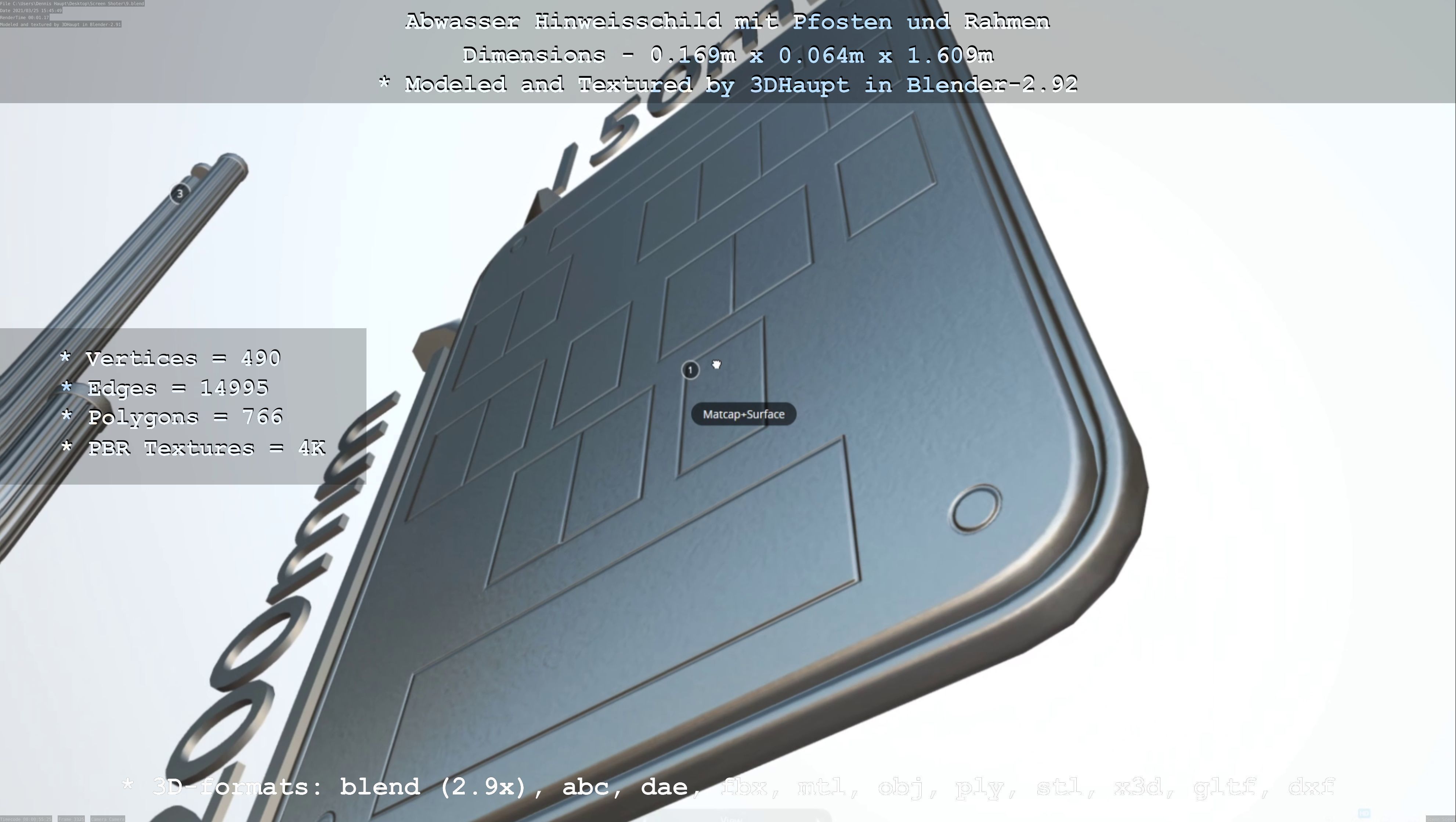 Hinweisschild Abwasser mit Pfosten und Rahmen Low-poly 3D model_101