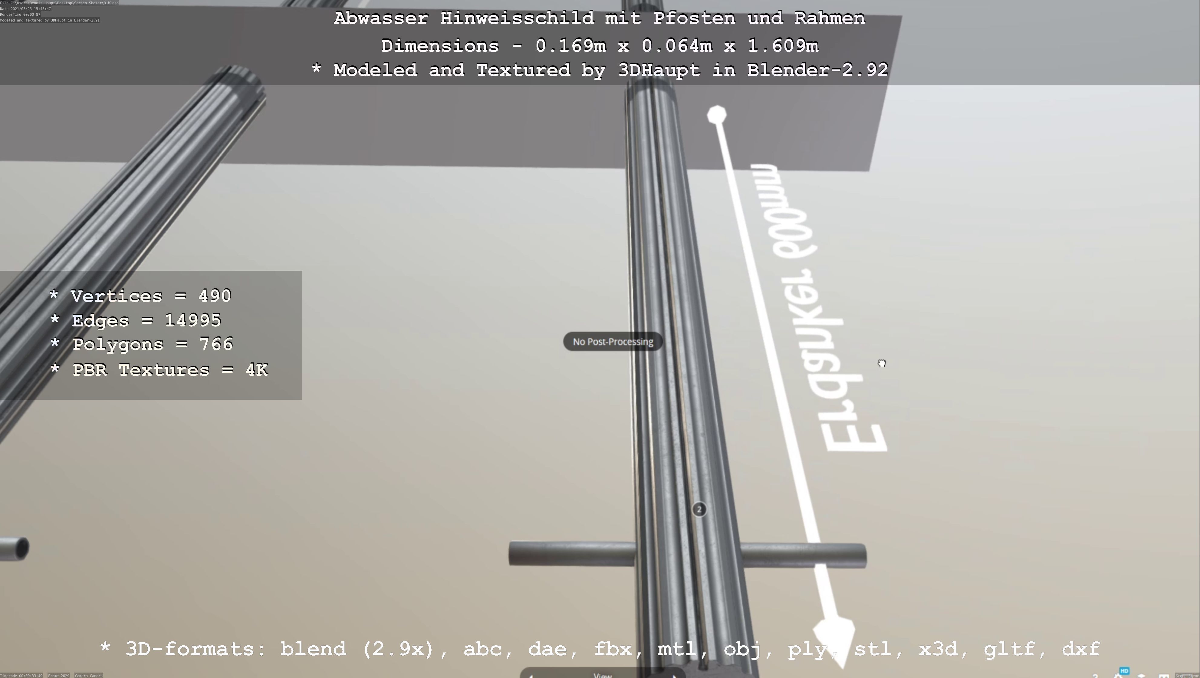 Hinweisschild Abwasser mit Pfosten und Rahmen Low-poly 3D model_65