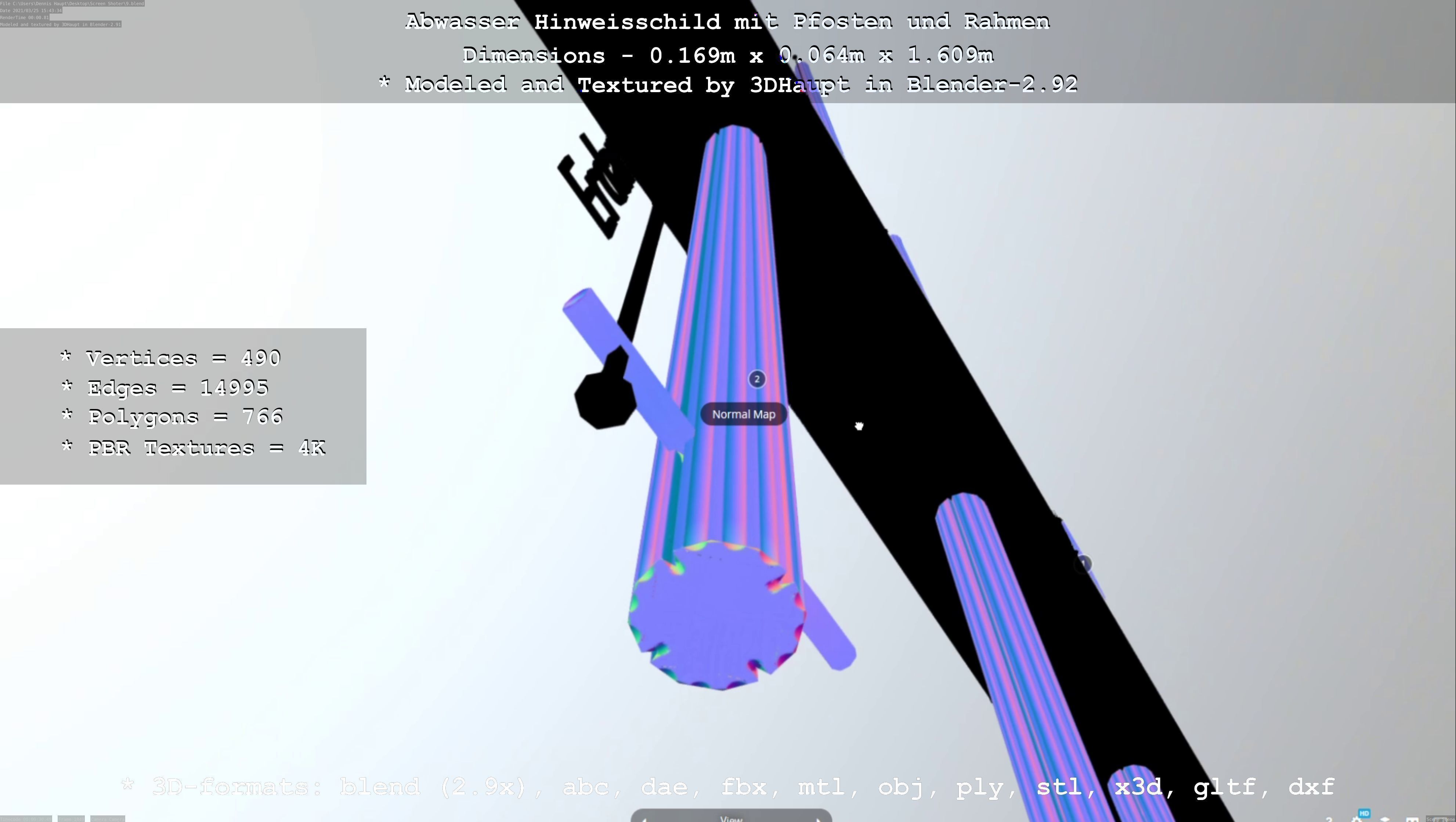 Hinweisschild Abwasser mit Pfosten und Rahmen Low-poly 3D model_17