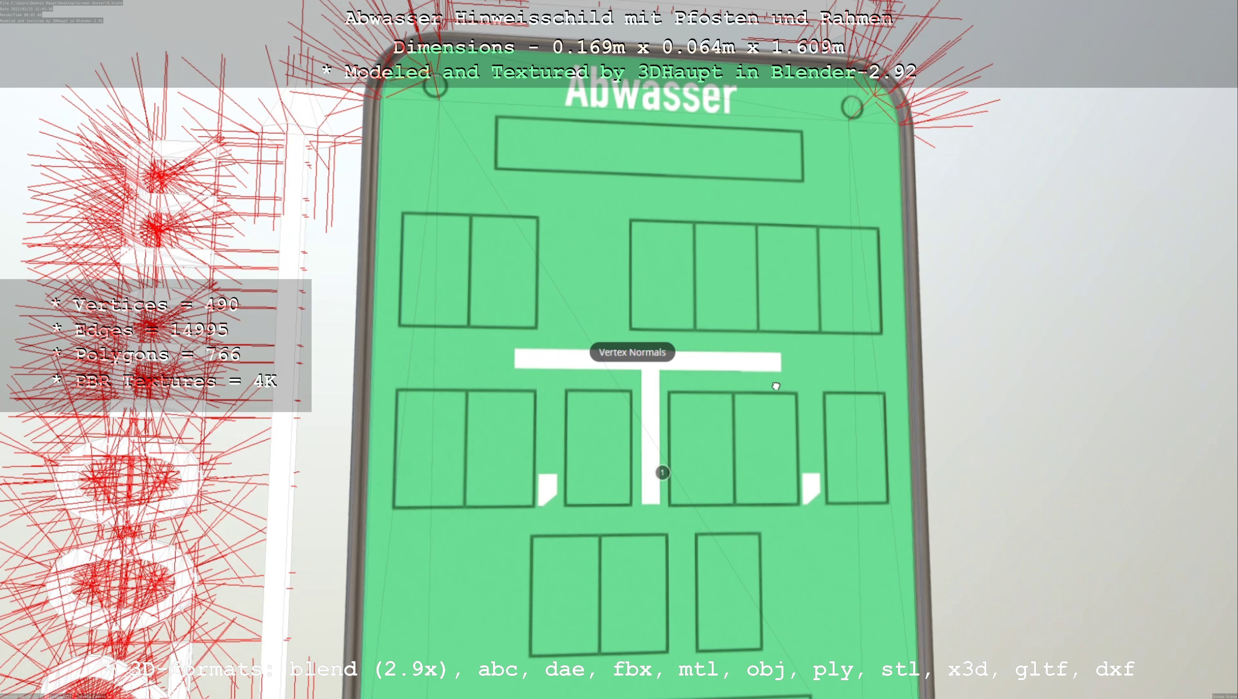 Hinweisschild Abwasser mit Pfosten und Rahmen Low-poly 3D model_96