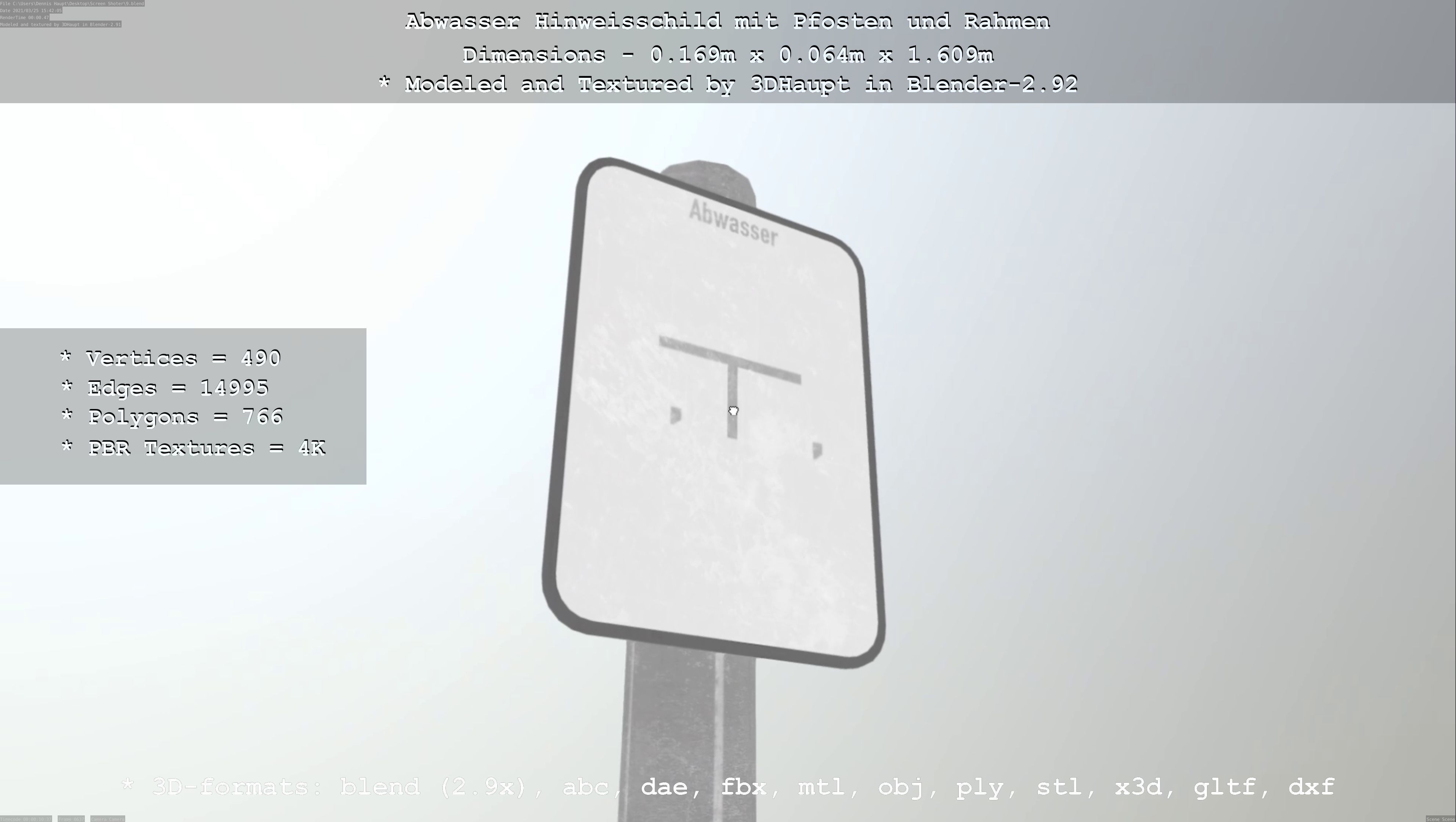 Hinweisschild Abwasser mit Pfosten und Rahmen Low-poly 3D model_38