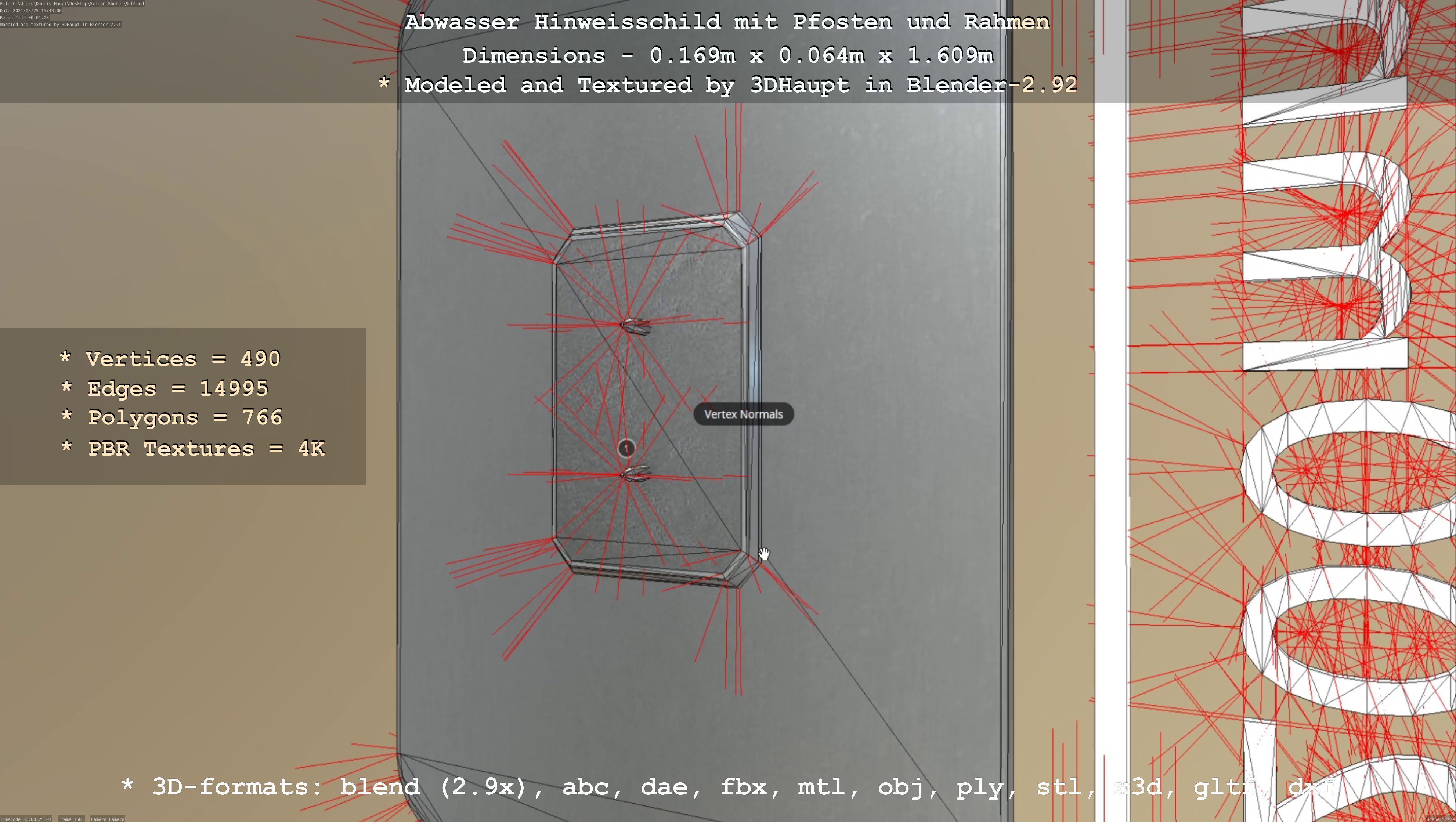 Hinweisschild Abwasser mit Pfosten und Rahmen Low-poly 3D model_49